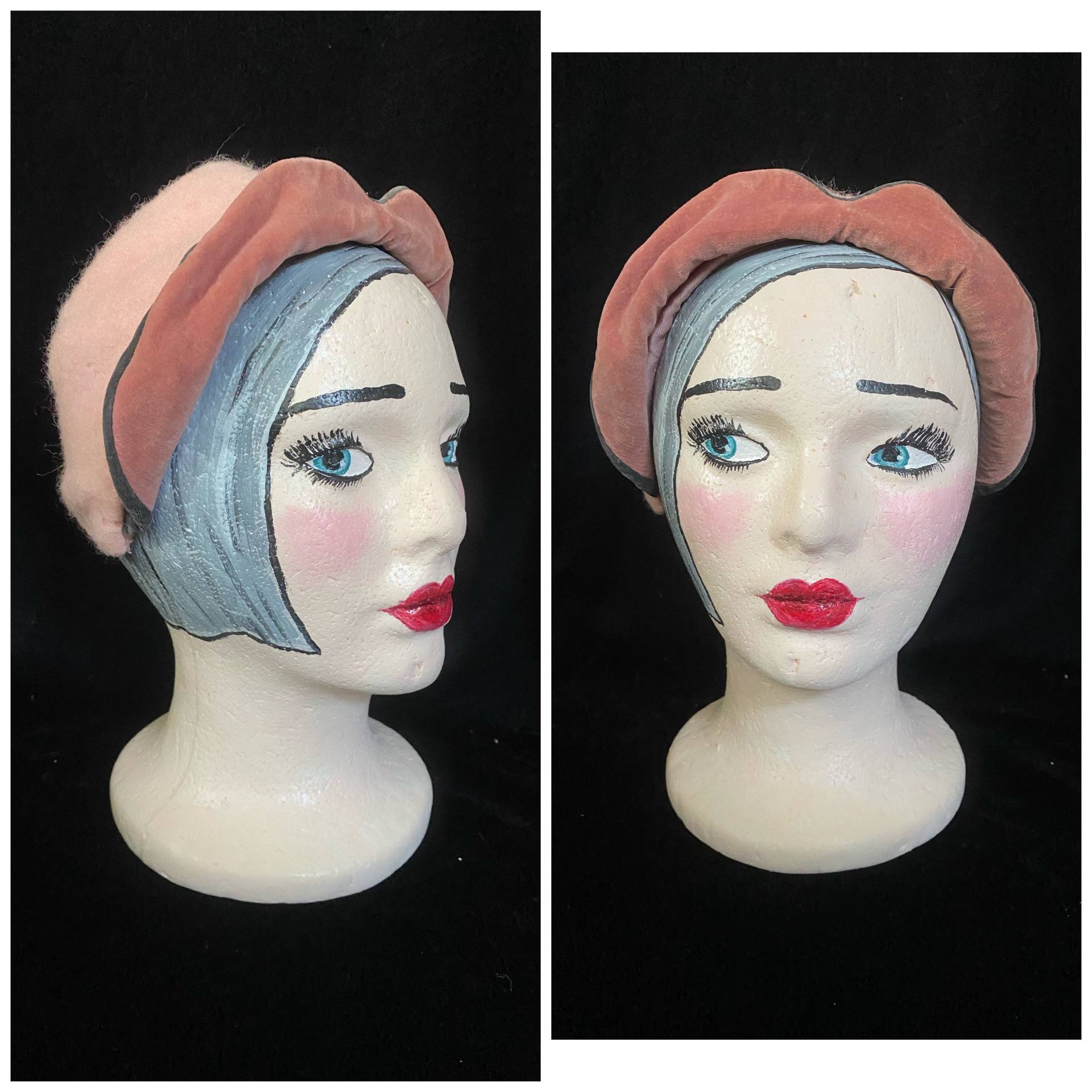 Vintage 1940Er Zweifarbig Rosa Und Graue Wolle Samt Fascinator Stirnband Mütze, Wintermütze von TheVintageVenusShop