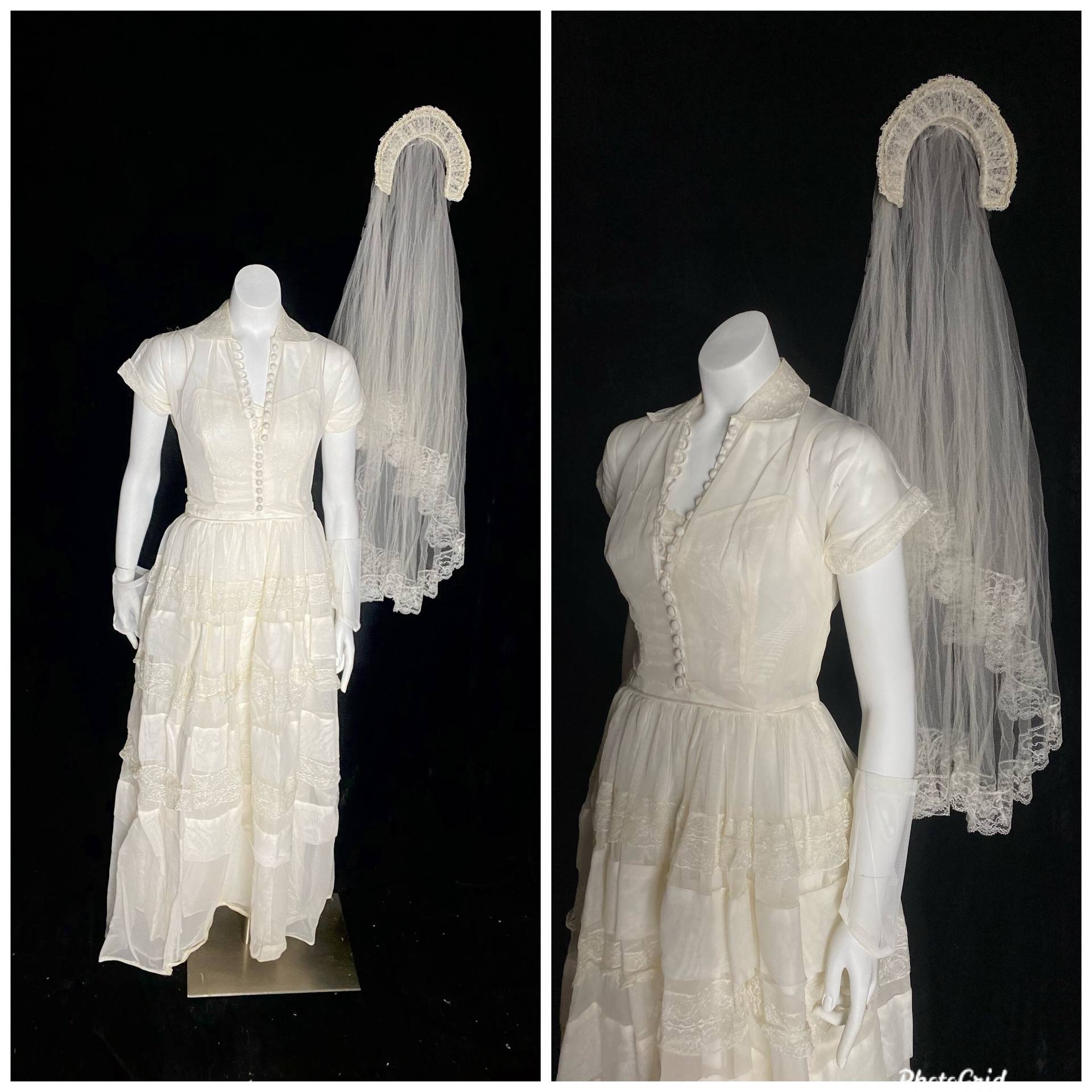 Vintage 1950' Weiß Tüll Und Spitze Emma Domb Partykleid, Hochzeitskleid Mit Schleier Schiere Handschuhe, Größe Xs Vintage 1950' Weiß Tüll Und Spitze Emma Domb Partykleid, Hochzeitskleid Mit Schleier Schiere Handschuhe, Größe Xs von TheVintageVenusShop