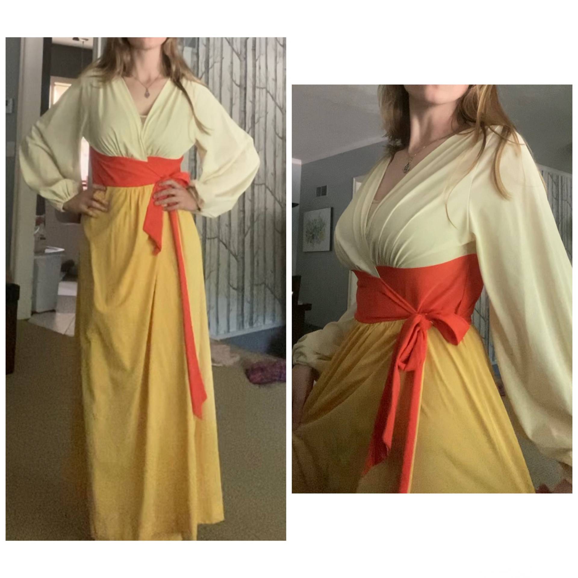 Vintage 1960 Farbe Block Creme, Orange Und Gelb Wickeln Kleid Gewand, Größe Medium von TheVintageVenusShop