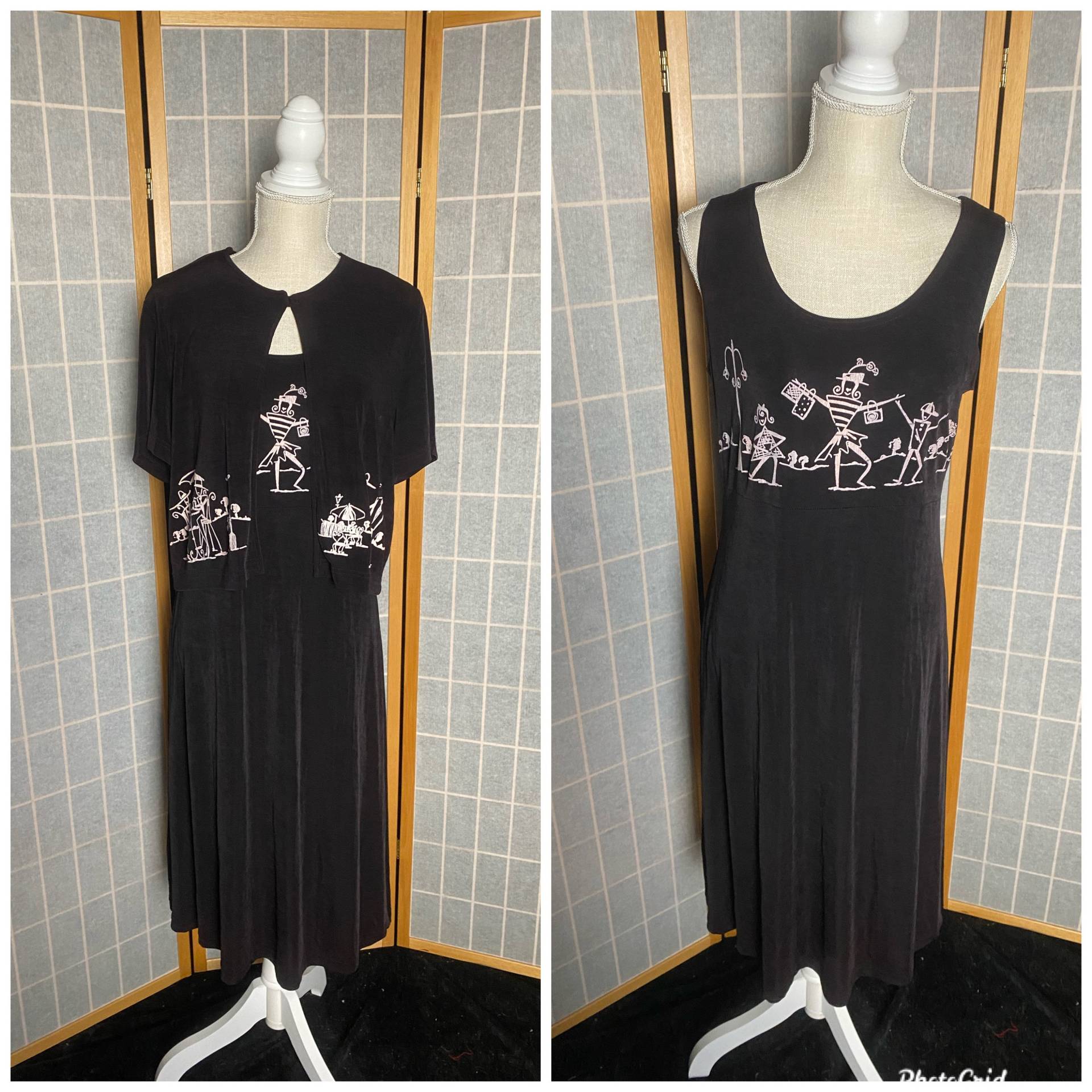 Vintage 1980Er Schwarzes Ronnie Nicole Dehnbares Kleid Mit Weißen Cartoon Zeichnungen, Größe Groß von TheVintageVenusShop