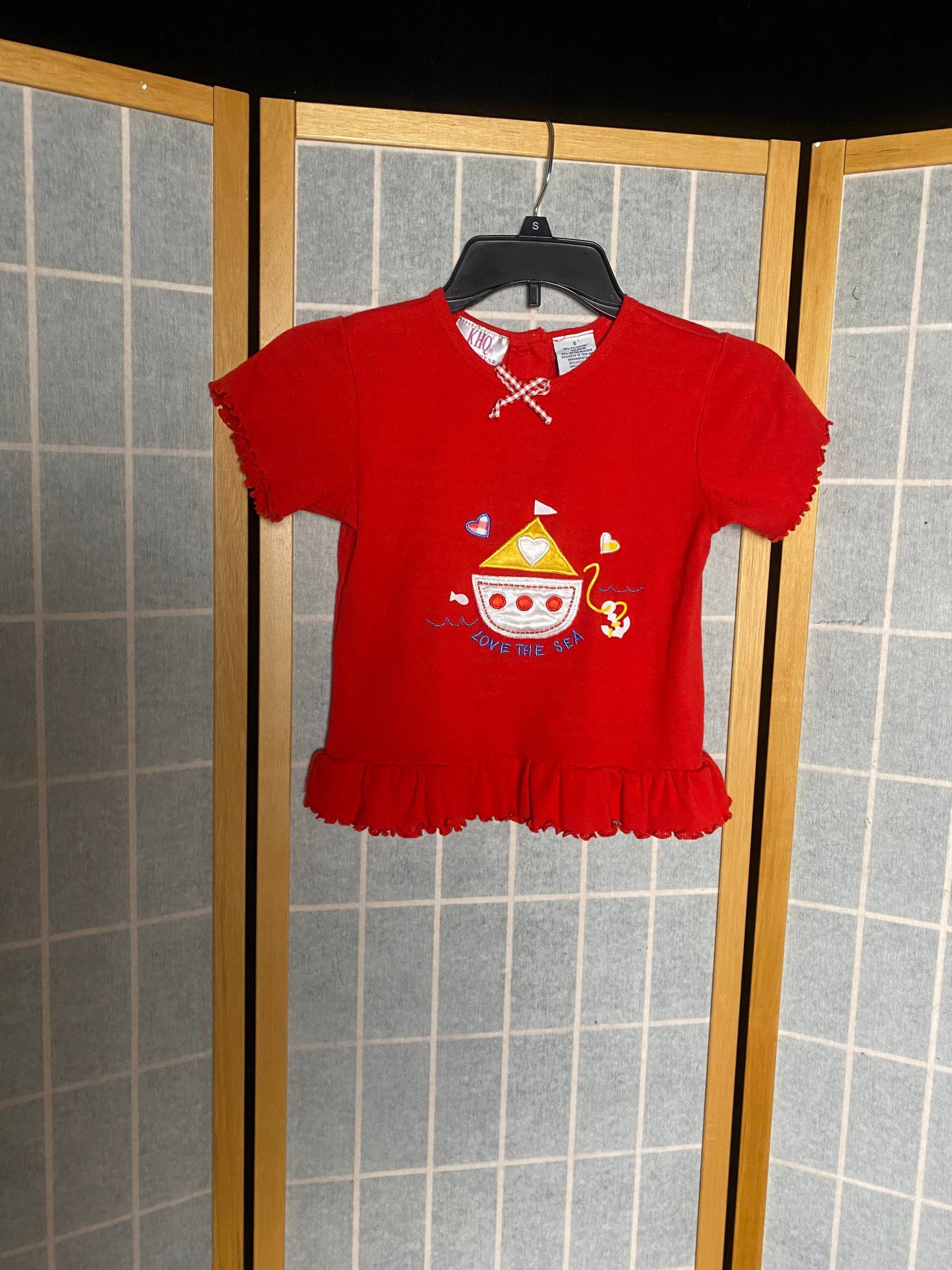 Vintage 1990Er Rot Strick Shirt Ärmel Mädchen T-Shirt Mit Love The Sea, Gr. 6 von TheVintageVenusShop