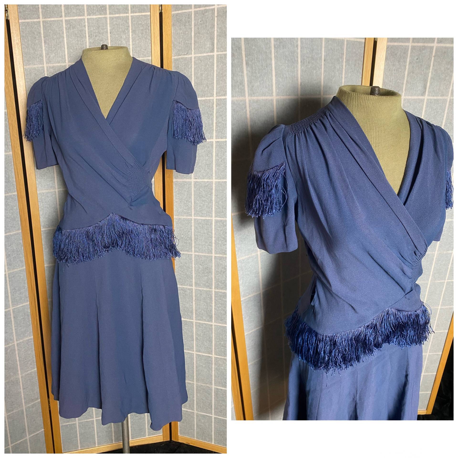 Vintage 40Er Blau Lila Wickelkleid Mit Fransen, Unikat Größe Xs Klein von TheVintageVenusShop