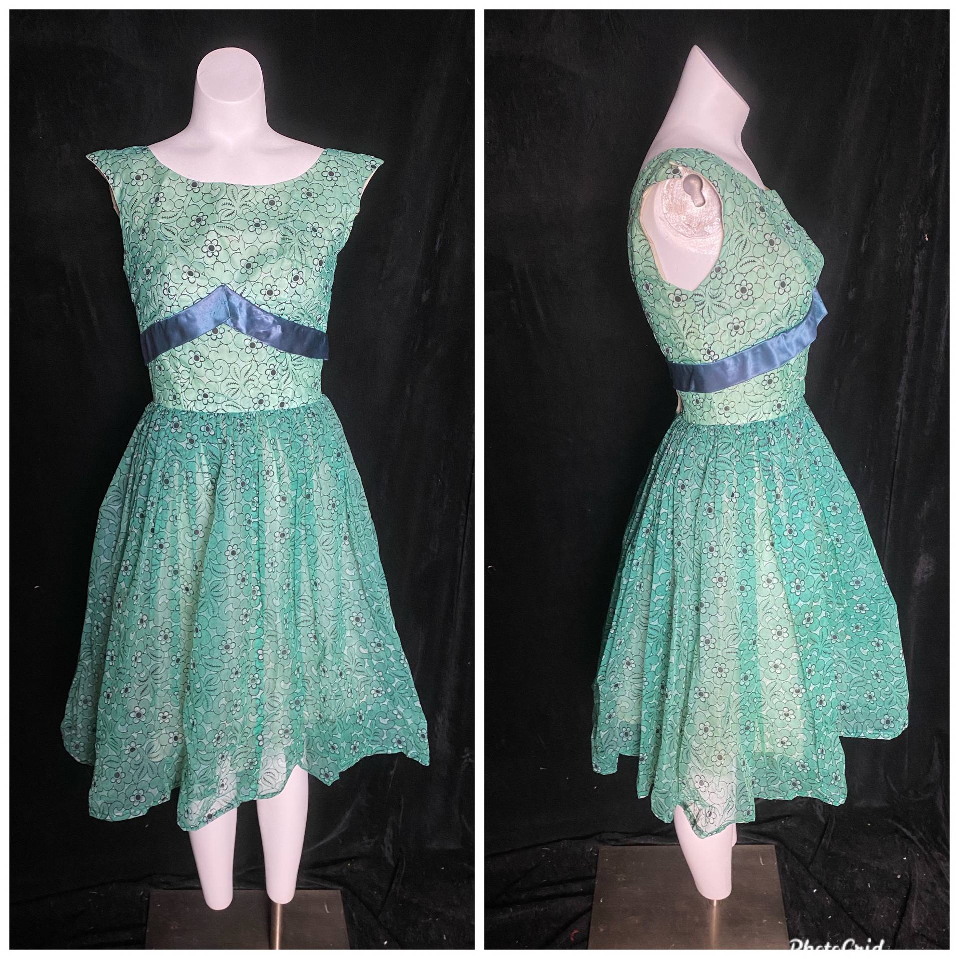 Vintage Späte 1950Er Zweifarbig Grün Blumen Tüll Partykleid, Größe Xs von TheVintageVenusShop