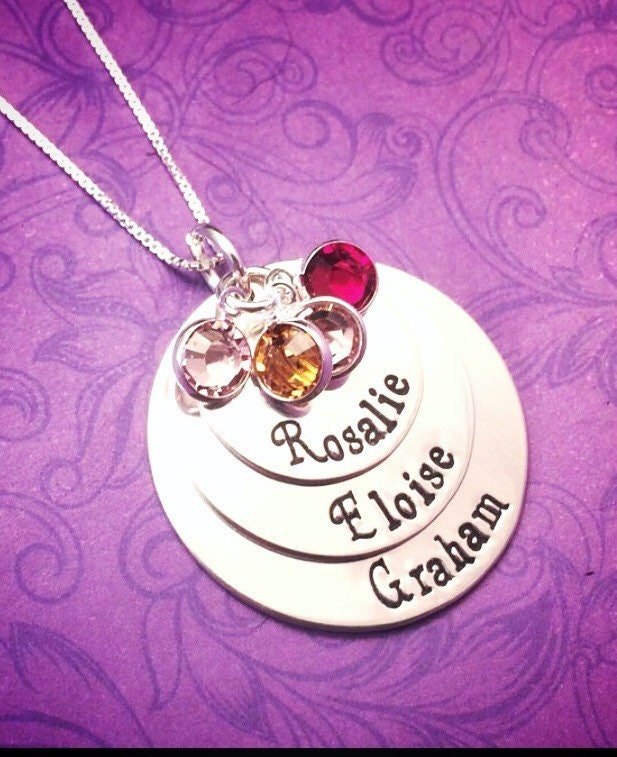 Personalisierte Sterling Silber Namenskette Gestapelte Scheiben & Geburtsstein Kristalle Personalisierte Sterling Silber Namenskette Gestapelte Scheiben & Geburtsstein Kristalle von TheWagTaggery