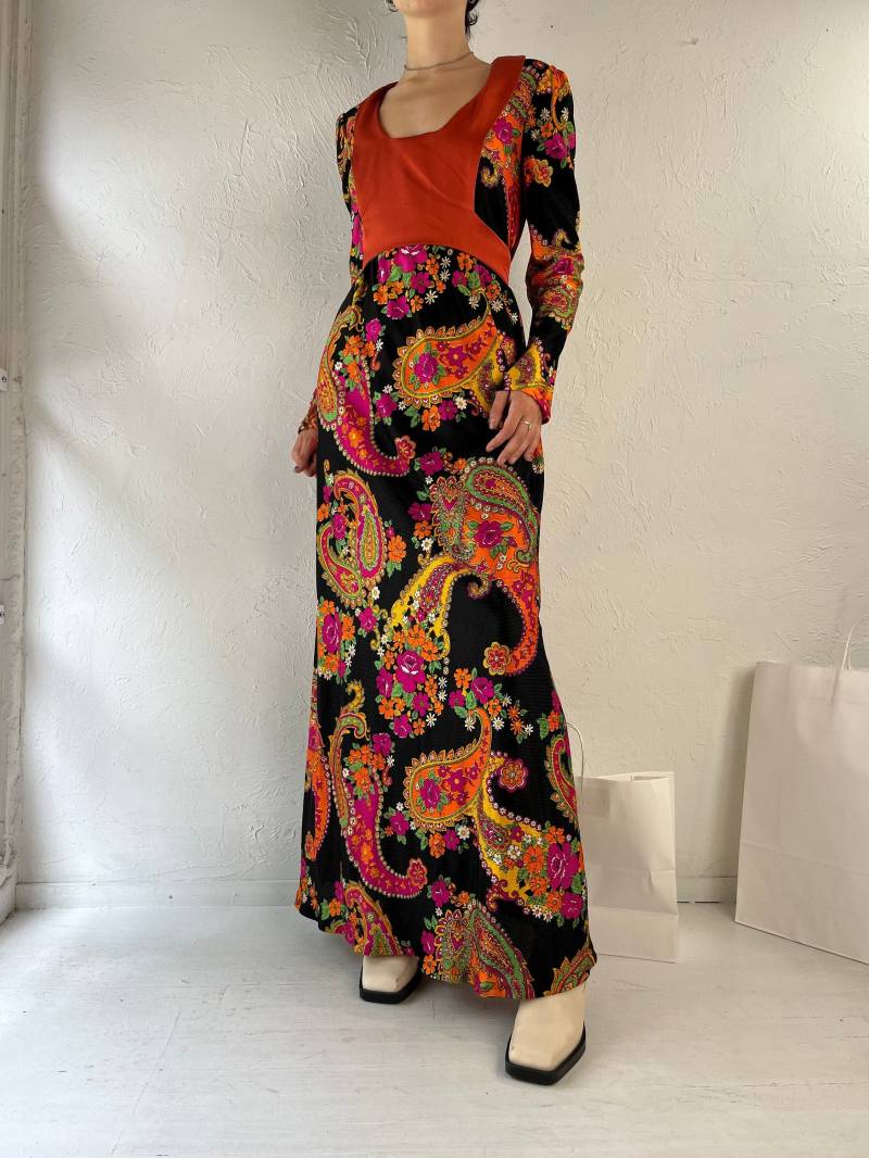 1970Er Jahre Handmade Retro Floral Print Langarm Maxi Kleid/Medium von TheWildHoneyShop