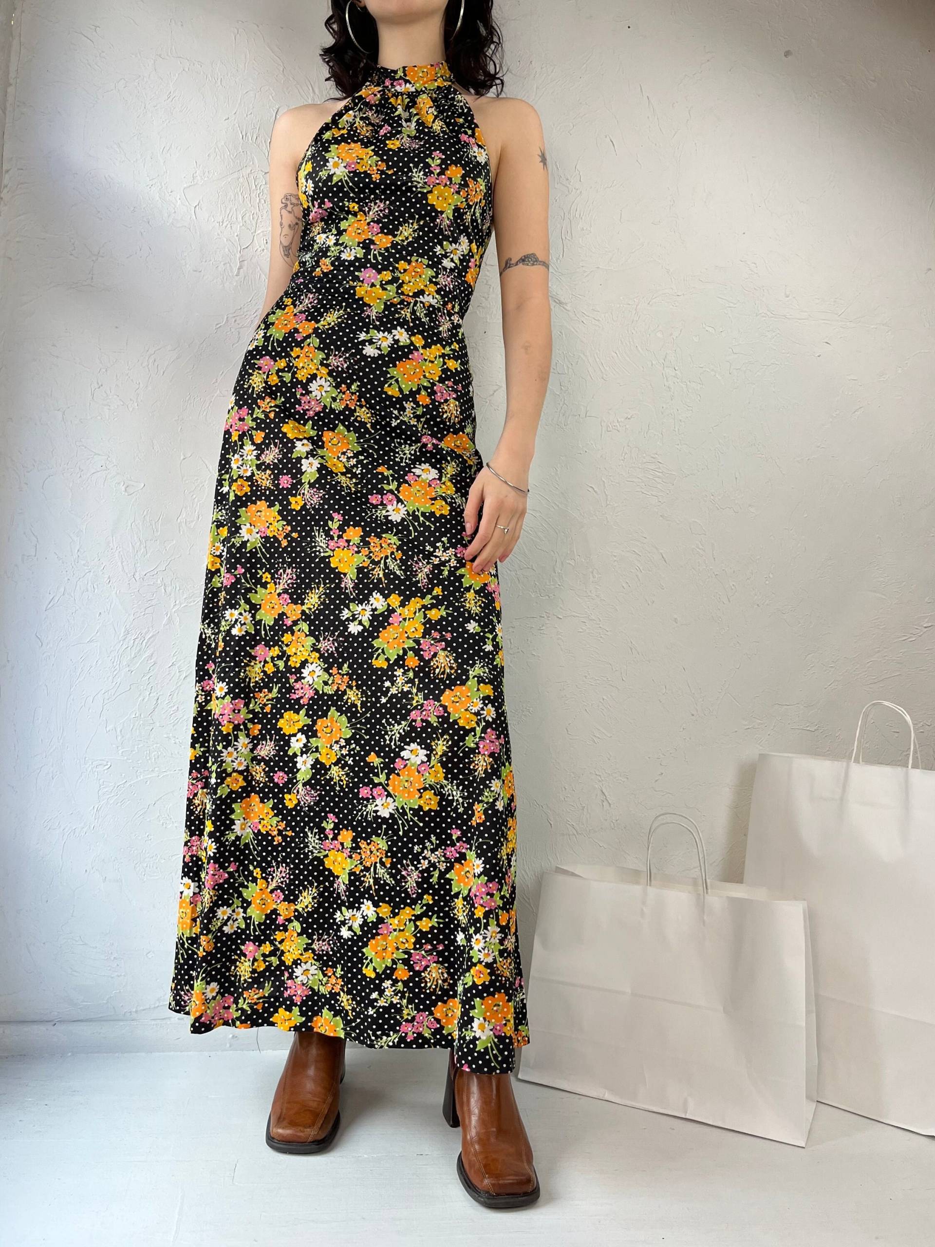 60S/70S Union Made Schwarzes Blumen Hippie Halfter Maxi Kleid Small von TheWildHoneyShop