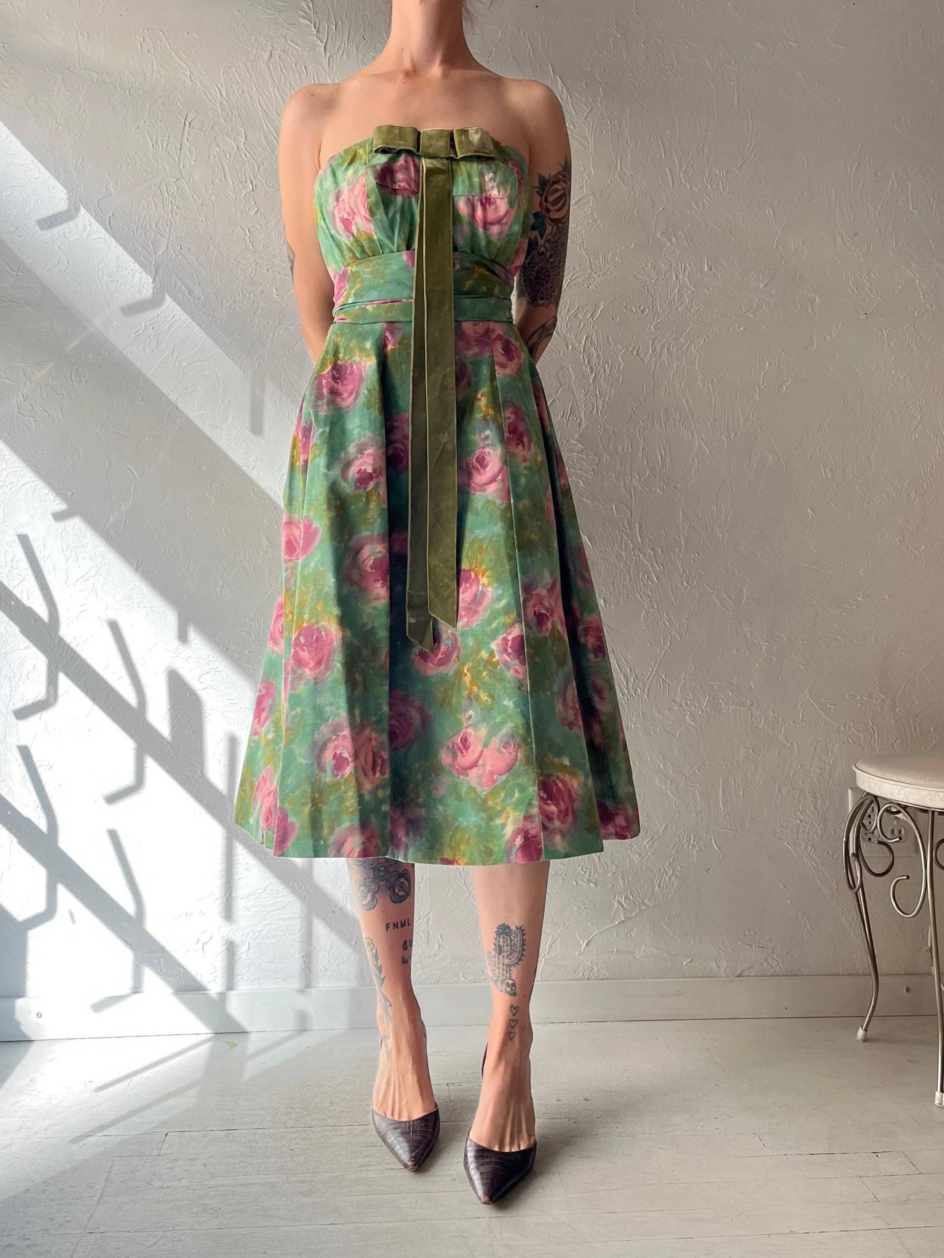 60S Handgefertigtes Florales Trägerloses Midi Kleid/Medium von TheWildHoneyShop
