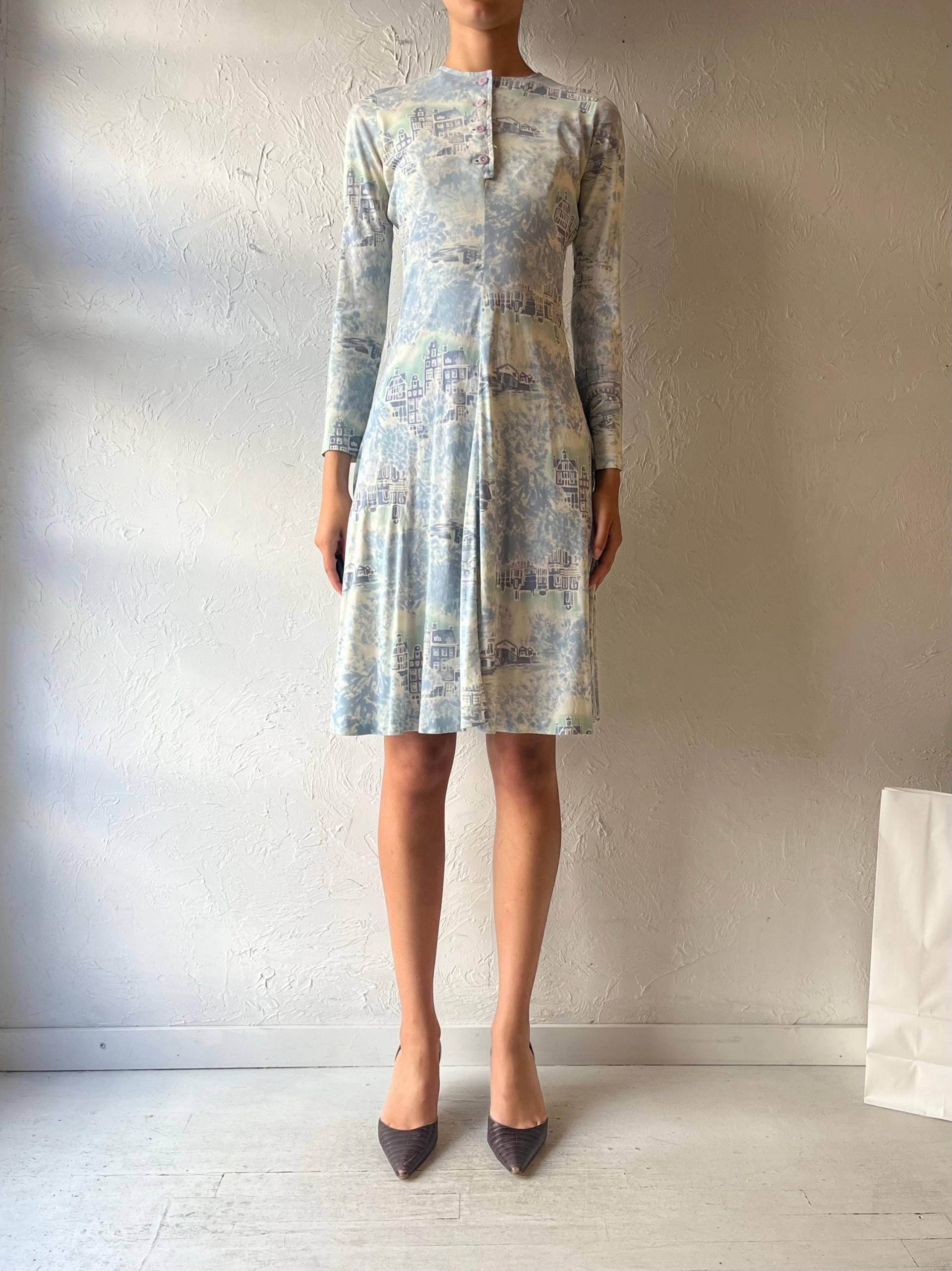 70Er Jahre Blau Gemustertes Midi Kleid von TheWildHoneyShop