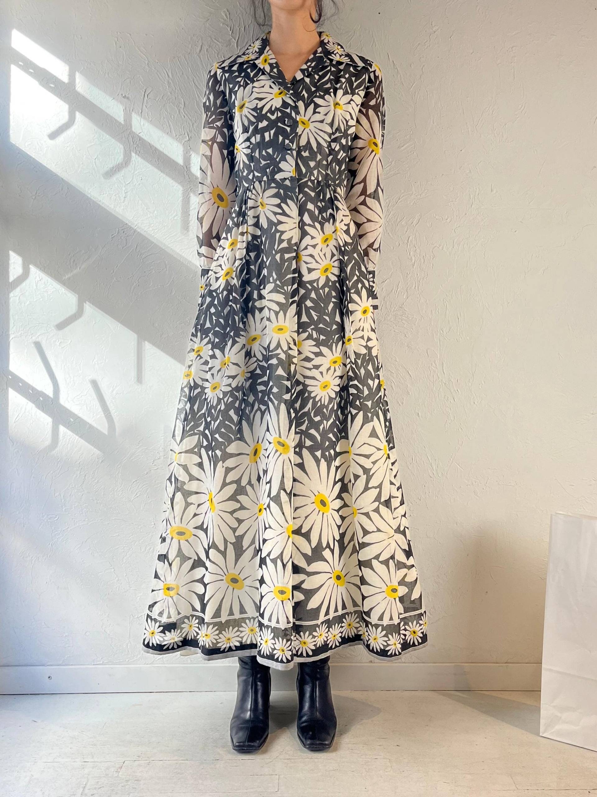 70Er Jahre Daisy Print Kragen Maxi Kleid/Vintage Langarm Hippie Boho Sonnenkleid S von TheWildHoneyShop
