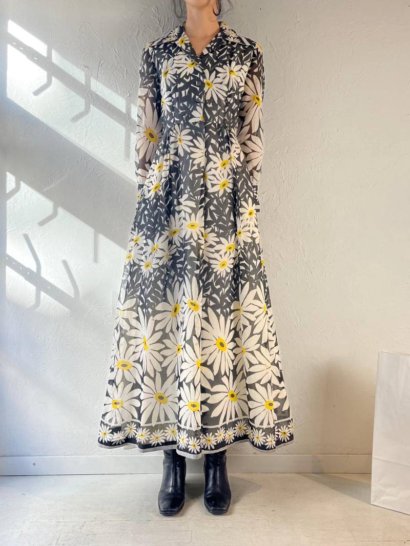 70Er Jahre Daisy Print Kragen Maxi Kleid/Vintage Langarm Hippie Boho Sonnenkleid S von TheWildHoneyShop