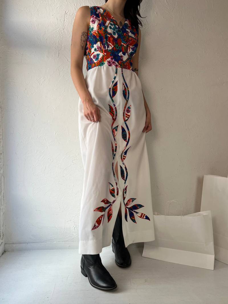 70Er Jahre "Gina Rinaldi' Weißes Retro Floral Maxi Kleid/Medium von TheWildHoneyShop