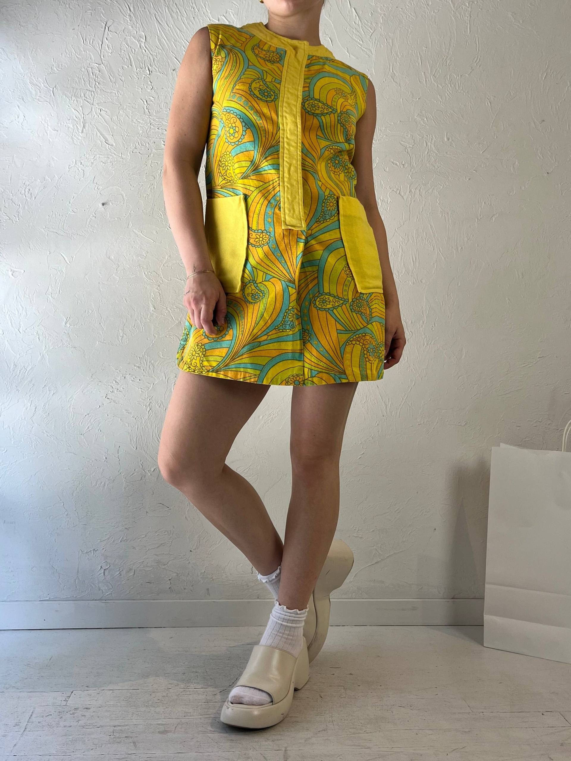 70Er Jahre Handgemachtes Gelbes Paisley Micro Mini Kleid/Small von TheWildHoneyShop