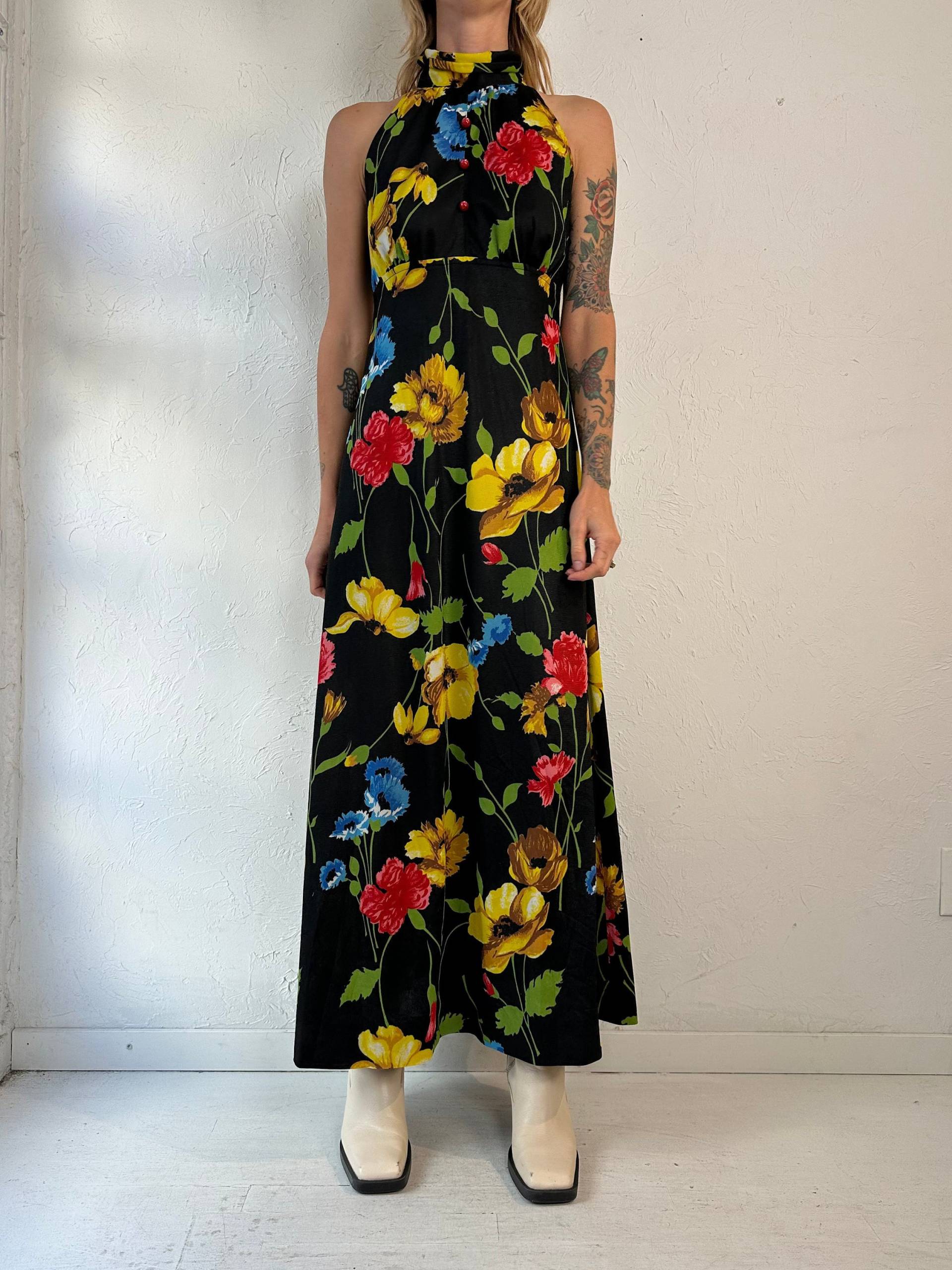 70Er Jahre Handmade Schwarzes Maxi Kleid Mit Blumenmuster/Small von TheWildHoneyShop