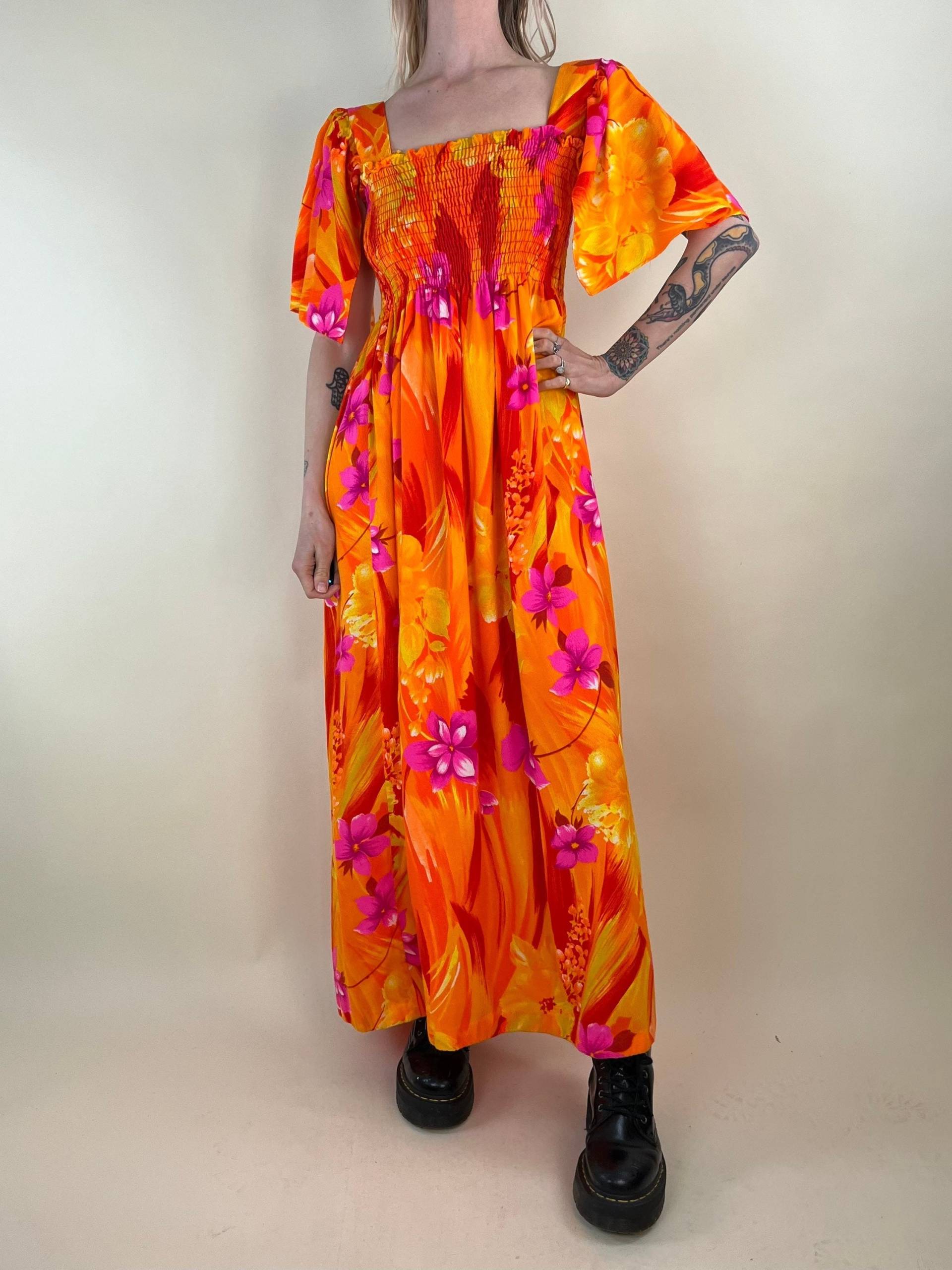 70Er Neon Floral Print Hippie Maxi Kleid/Klein von TheWildHoneyShop