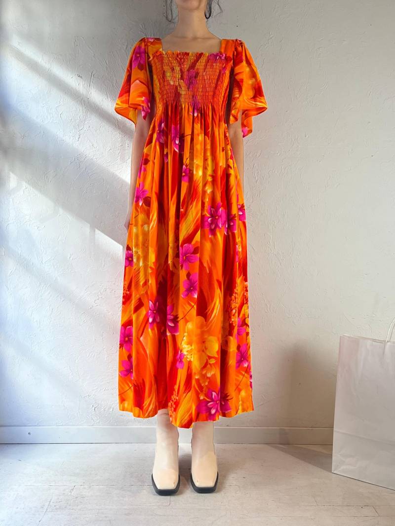 70Er Jahre Neon Blumen Print Hippie Maxi Kleid/Small von TheWildHoneyShop