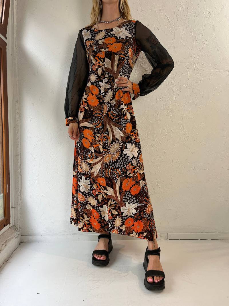 70Er Jahre "April Fashions' Floral Print Netz Ärmel Maxi Kleid/S von TheWildHoneyShop