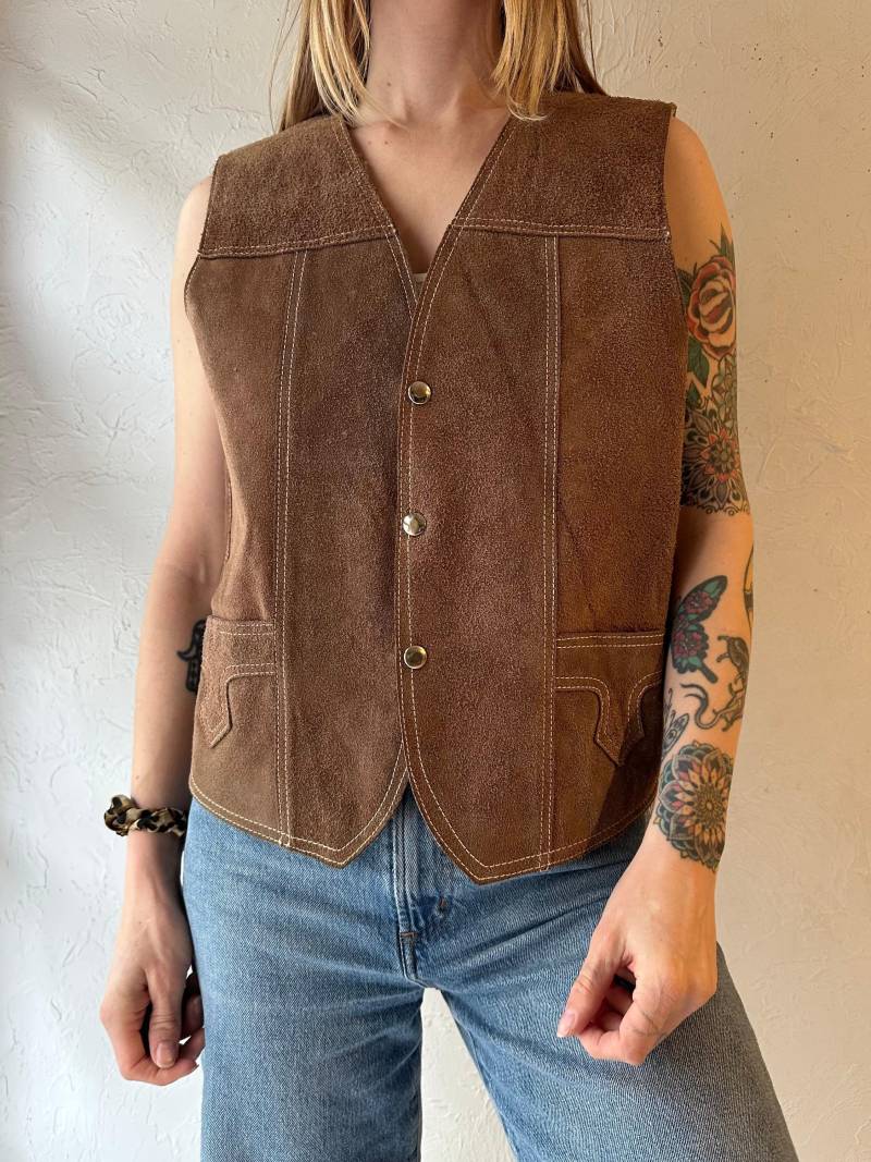 70S Beige Wildleder Shearling Gefütterte Weste/Medium von TheWildHoneyShop