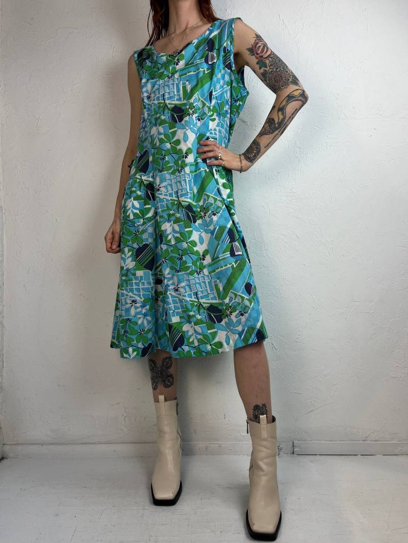 70Er Jahre "Leo-Dal' Blau Grün Und Weiß Floral Abstrakt Print Sommerkleid/Large von TheWildHoneyShop