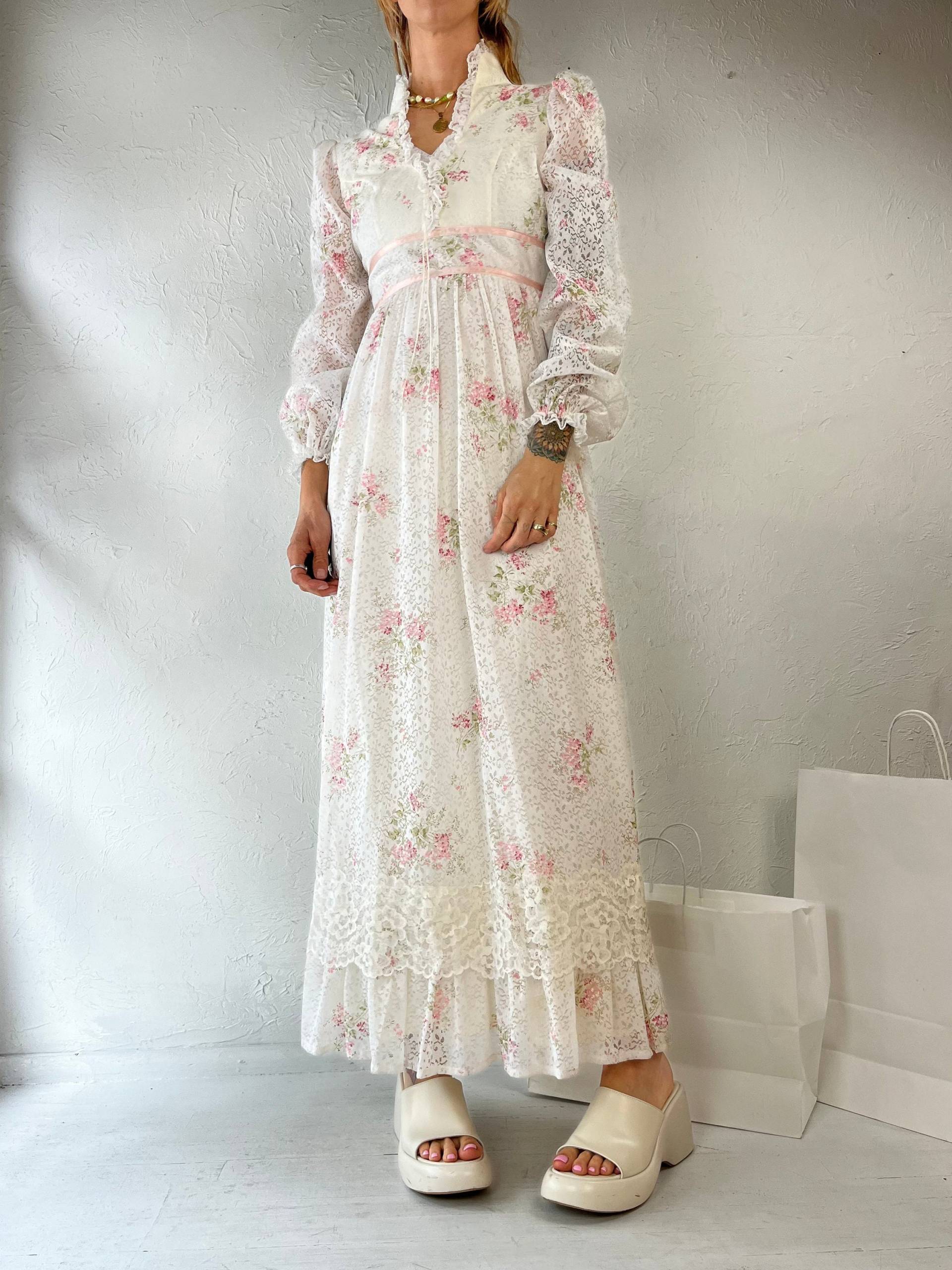 70S Rosa & Weiß Lacey Langarm Bauernkleid/Small von TheWildHoneyShop