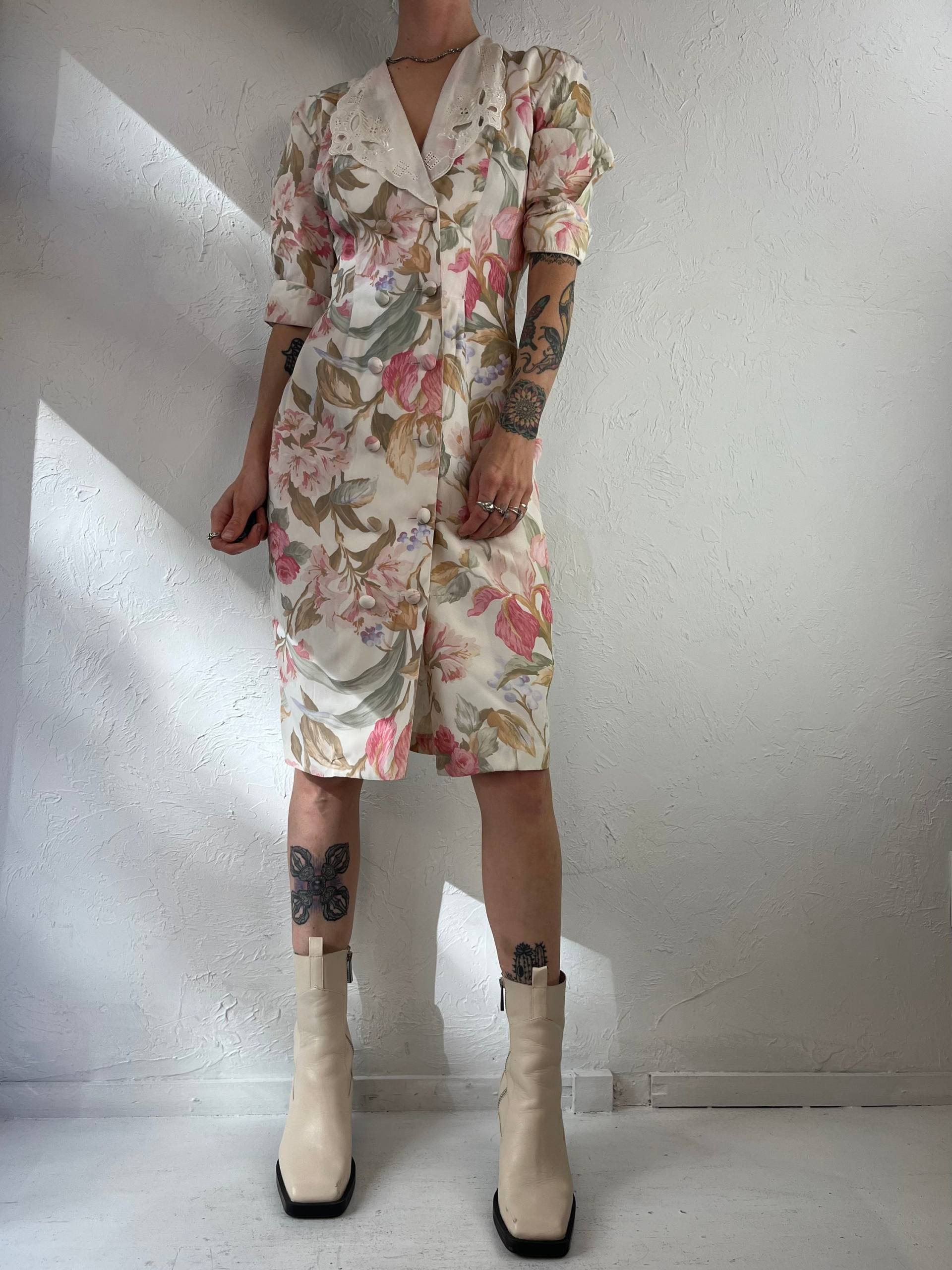 80Er "Atina' Creme Blumen Print Button Up Kleid/Klein von TheWildHoneyShop