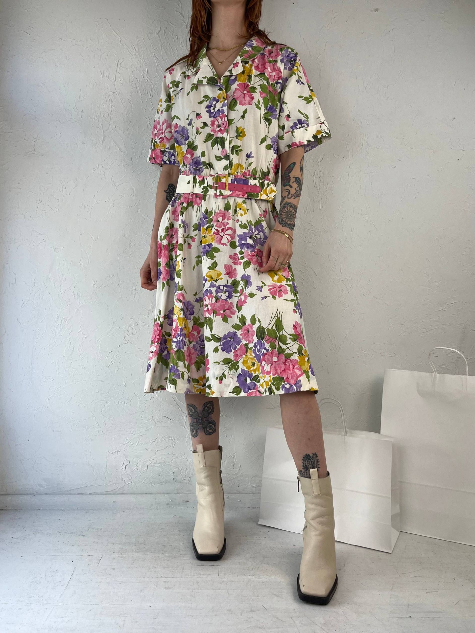 80Er Jahre "Carriage Court' Creme Baumwoll Blumen Print A Line Kleid/Large von TheWildHoneyShop
