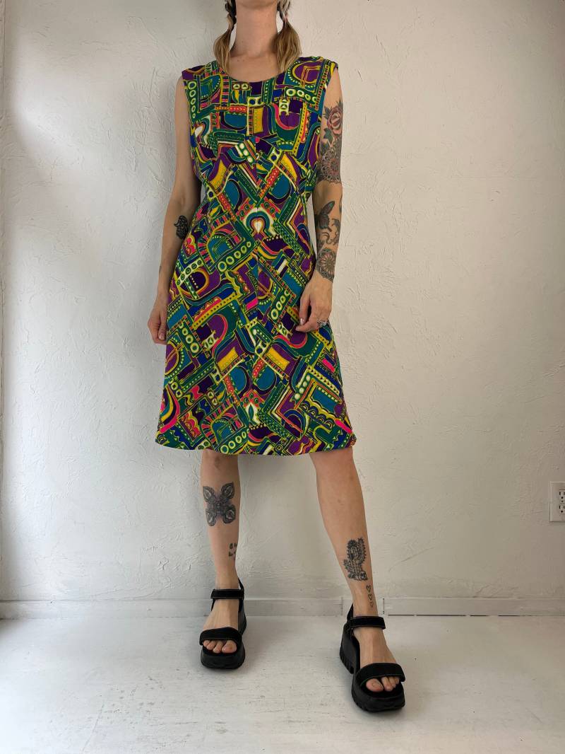 80Er Jahre Jewel Tone Abstrakter Druck Ärmelloses Retro Kleid/Medium von TheWildHoneyShop