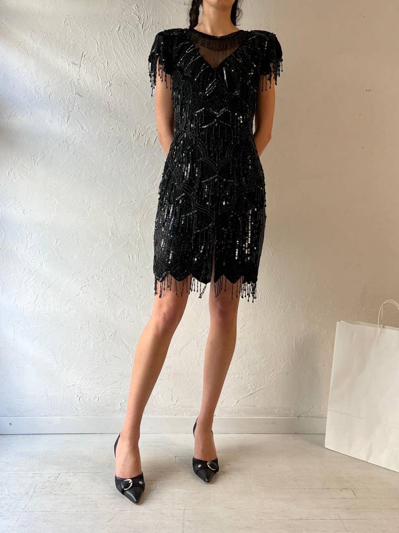 80Er Jahre "Laurence Kagar' Schwarzes Pailletten-Perlenkleid von TheWildHoneyShop