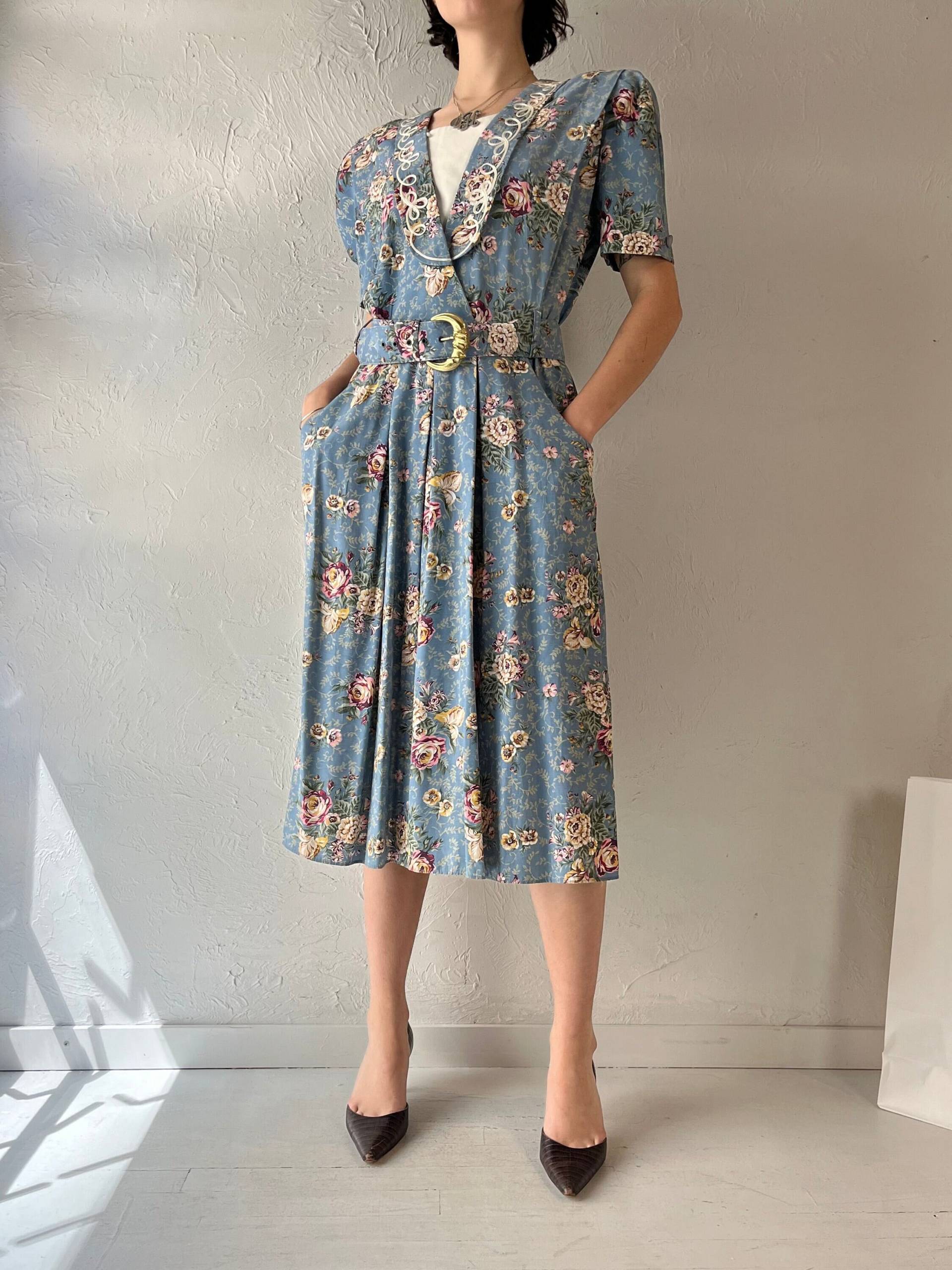 80Er Jahre "Sl Petites' Blaues Kleid Mit Kragen Und Blumenmuster/Medium von TheWildHoneyShop