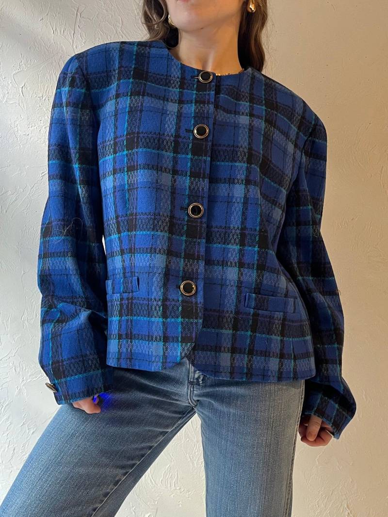 80Er "Pendleton' Blau Karierte Strickjacke von TheWildHoneyShop