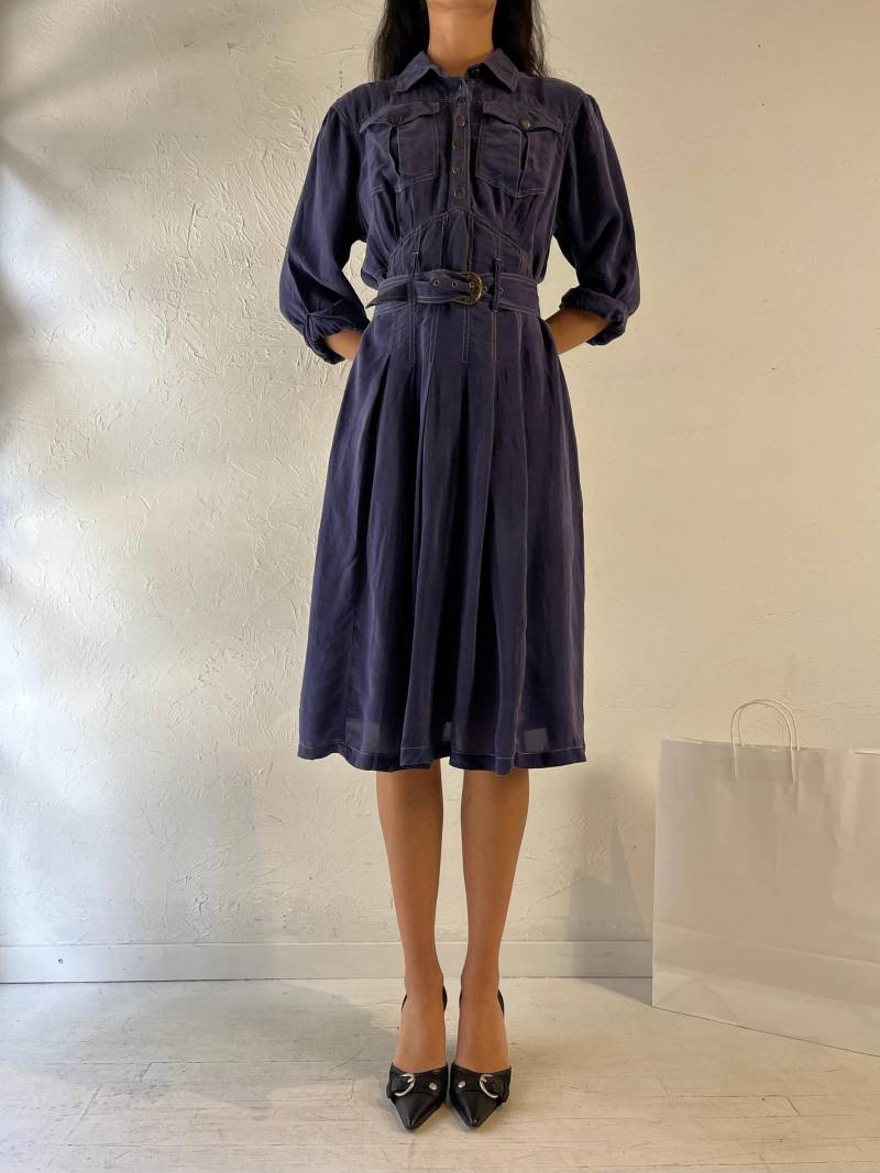 80S "Karen Alexander' Navy Blaues Seidenkleid von TheWildHoneyShop