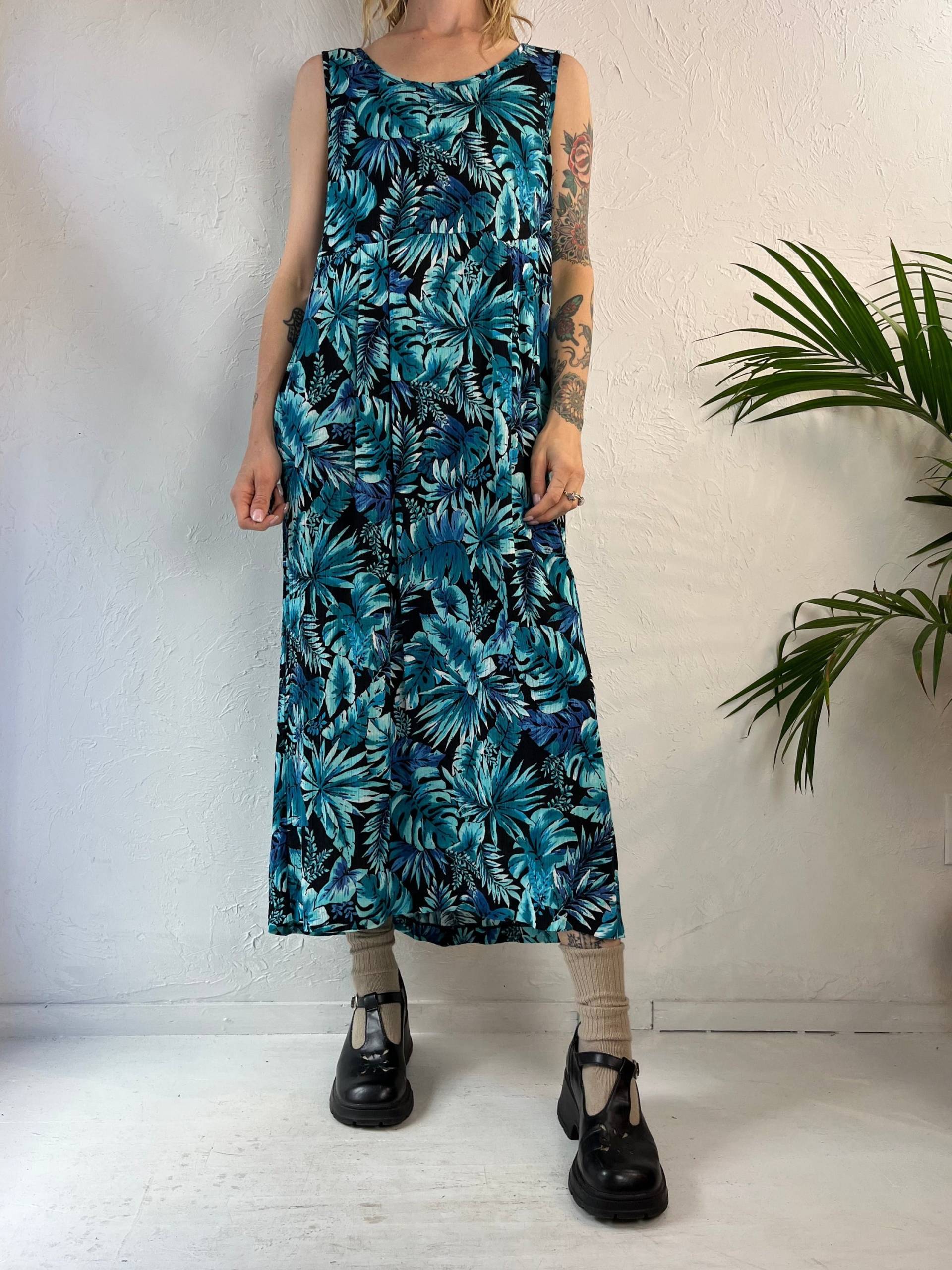 90Er "All That Jazz' Blue Floral Print Rayon Kleid/Medium von TheWildHoneyShop