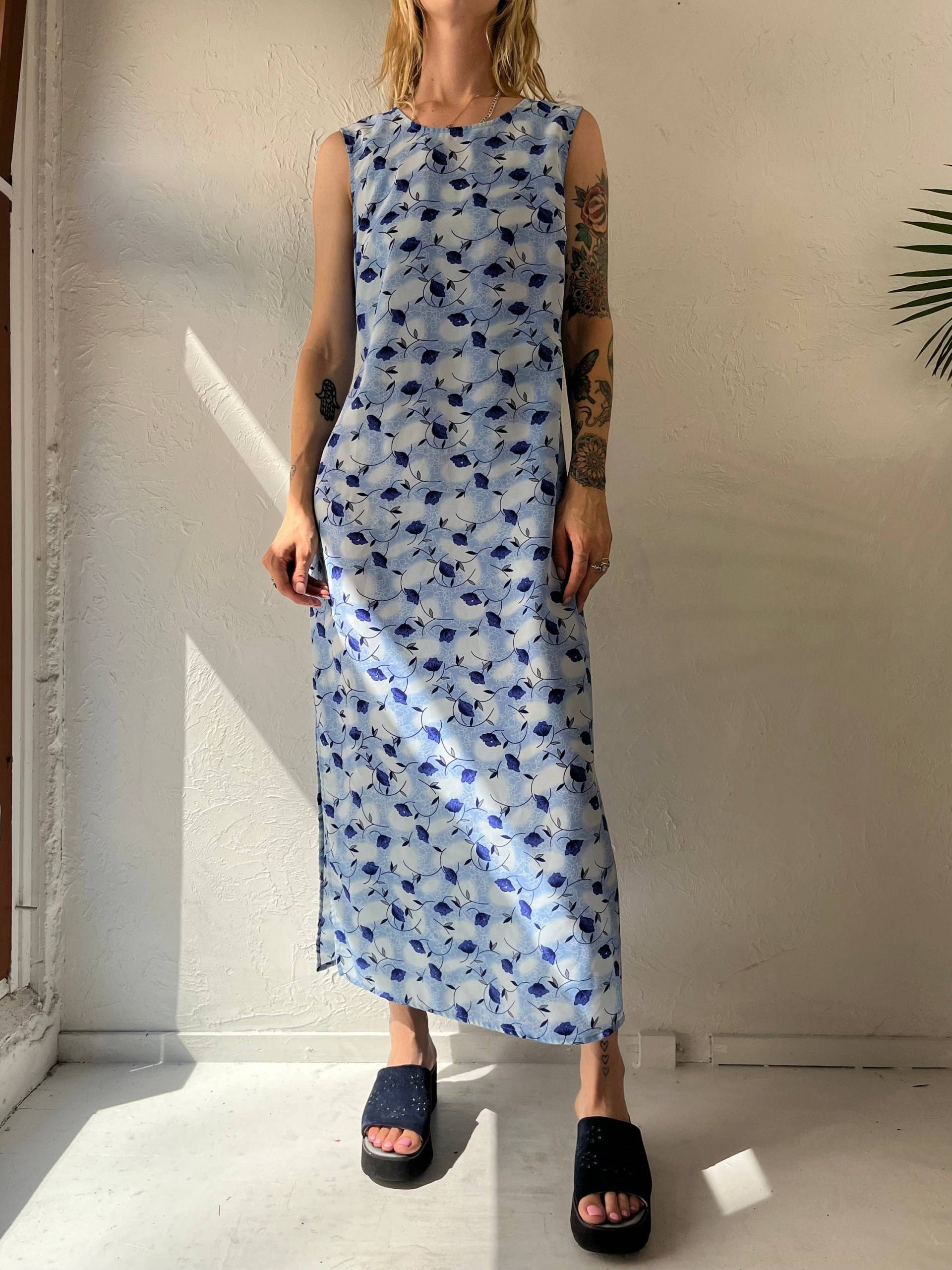 90Er "Darian' Blaues Ärmelloses Floral Print Kleid/10 von TheWildHoneyShop