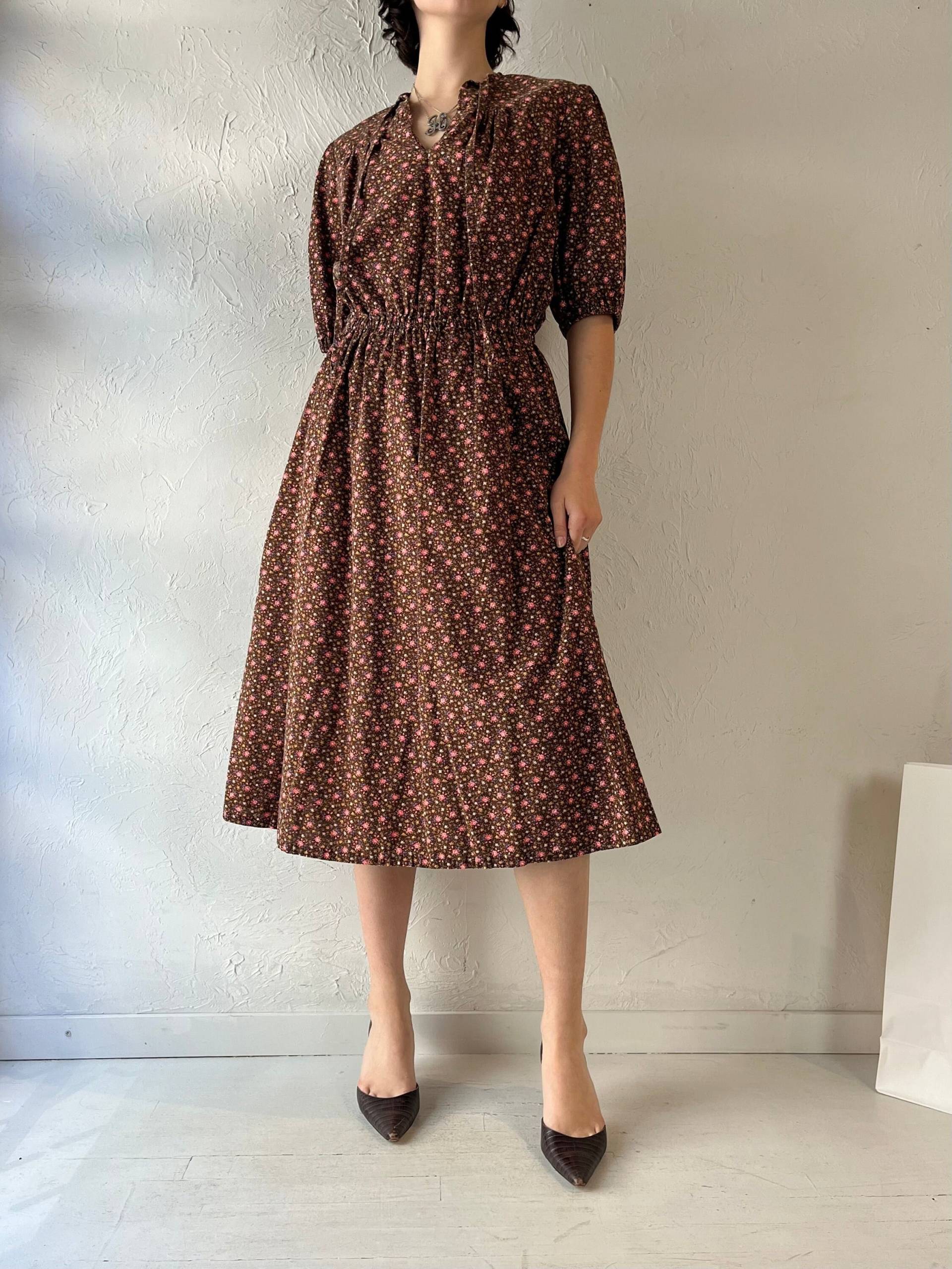 90Er Jahre Handmade Braun Blumen Print Midi Kleid/Medium von TheWildHoneyShop