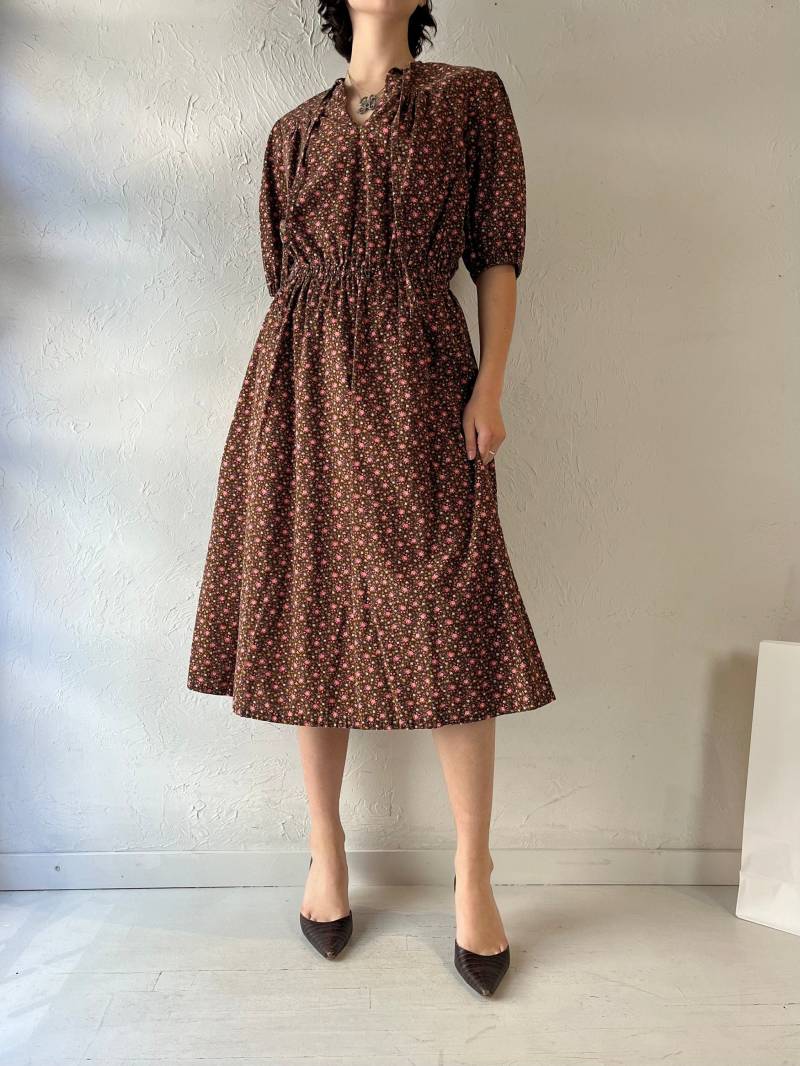 90Er Jahre Handmade Braun Blumen Print Midi Kleid/Medium von TheWildHoneyShop