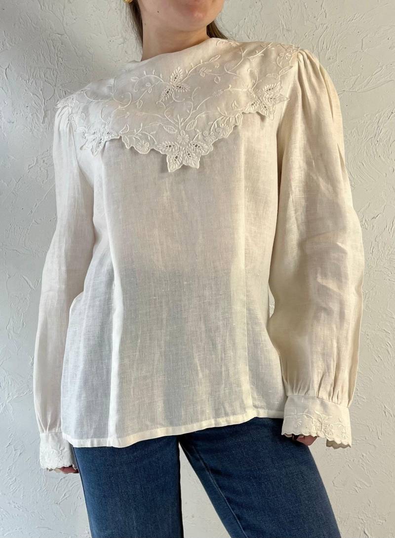 90Er Jahre "La Chine' Creme Leinen Bluse/Small - Medium von TheWildHoneyShop