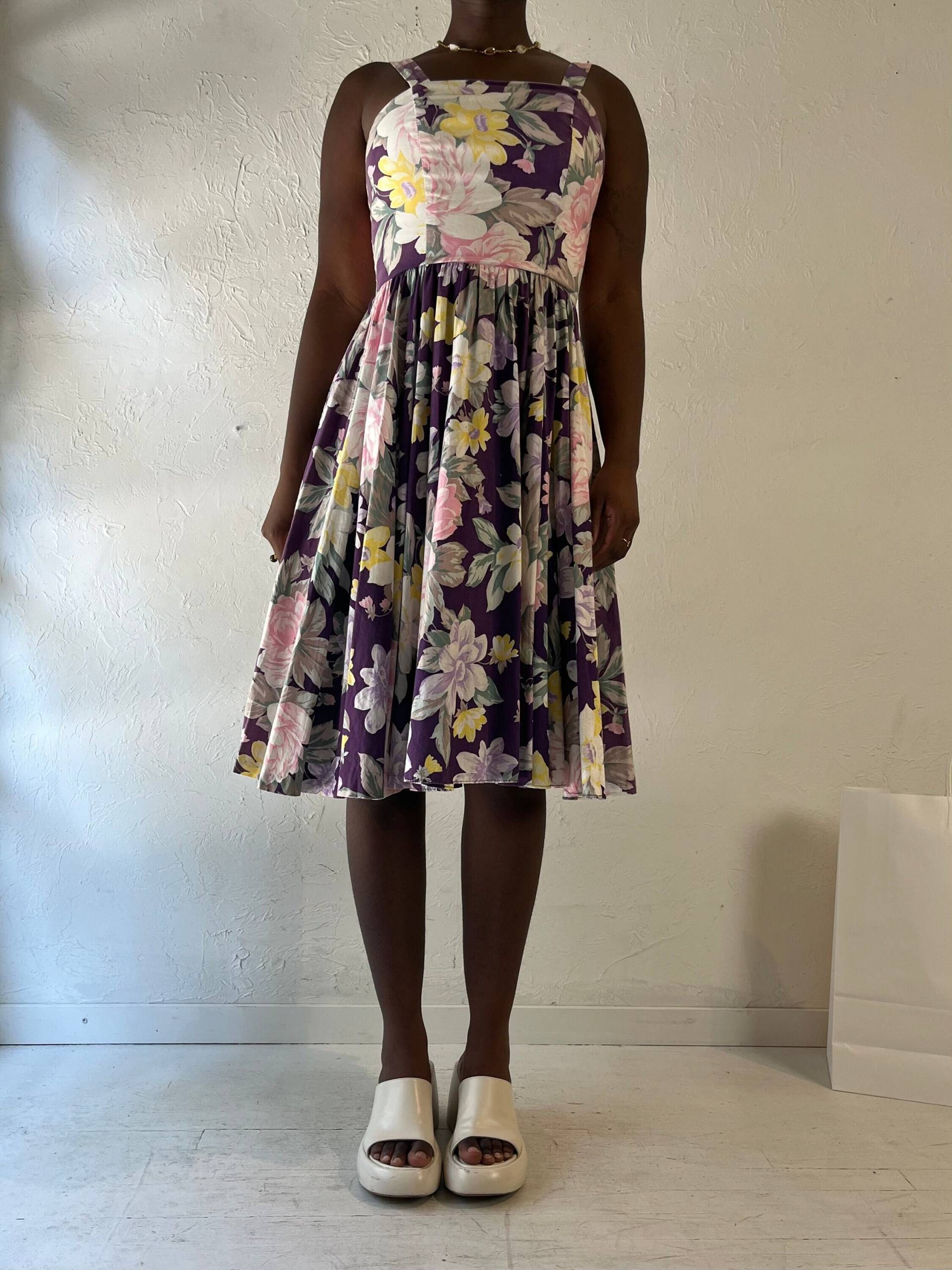 90Er Jahre "Lori Ann' Lila Blumen Print Midi Kleid Aus Baumwolle/Medium von TheWildHoneyShop