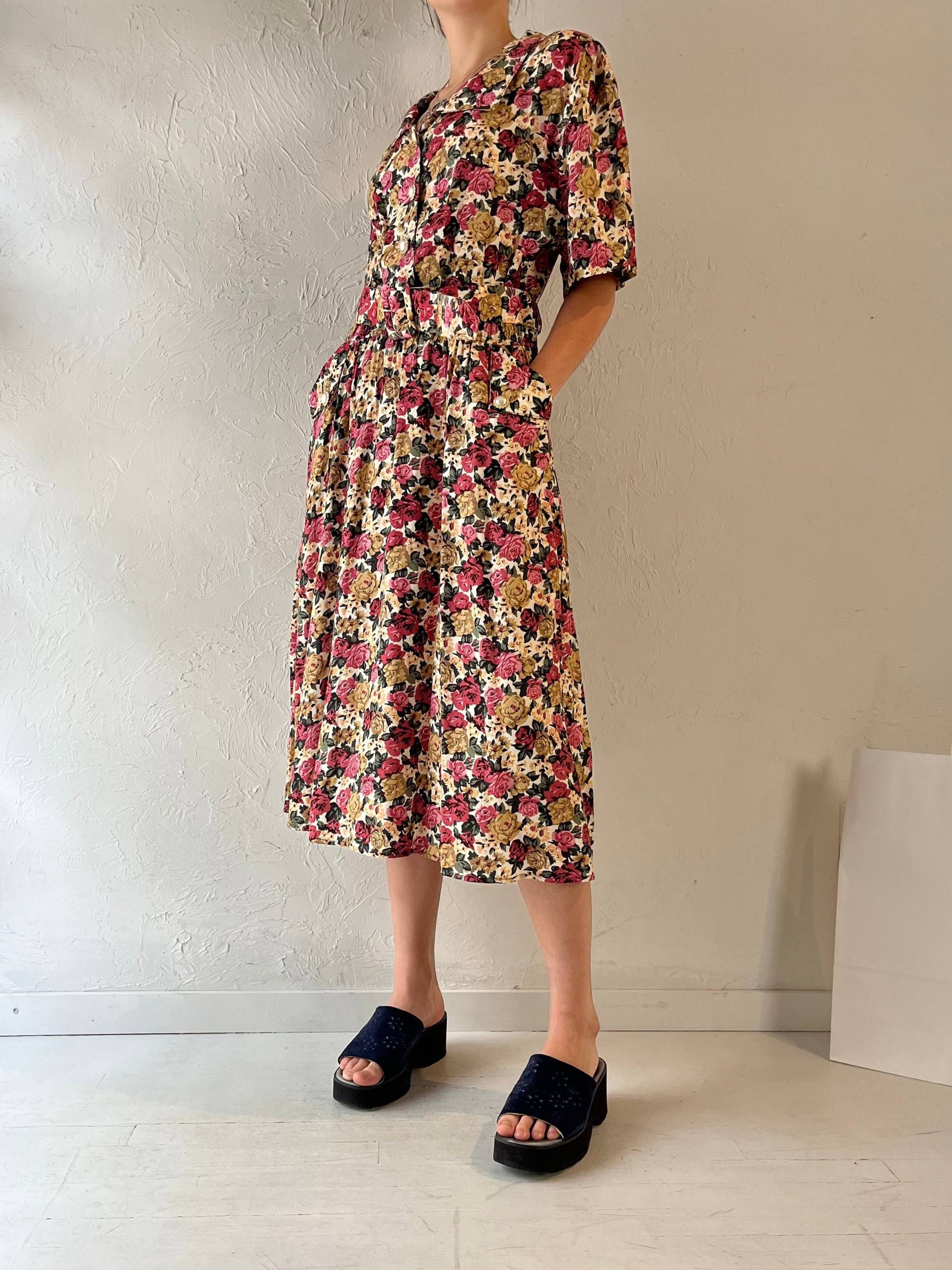 90Er Jahre "Rose' Kragen Floral Print Kleid/Large von TheWildHoneyShop