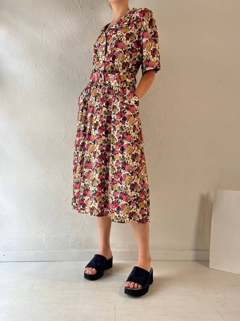 90Er Jahre "Rose' Kragen Floral Print Kleid/Large von TheWildHoneyShop