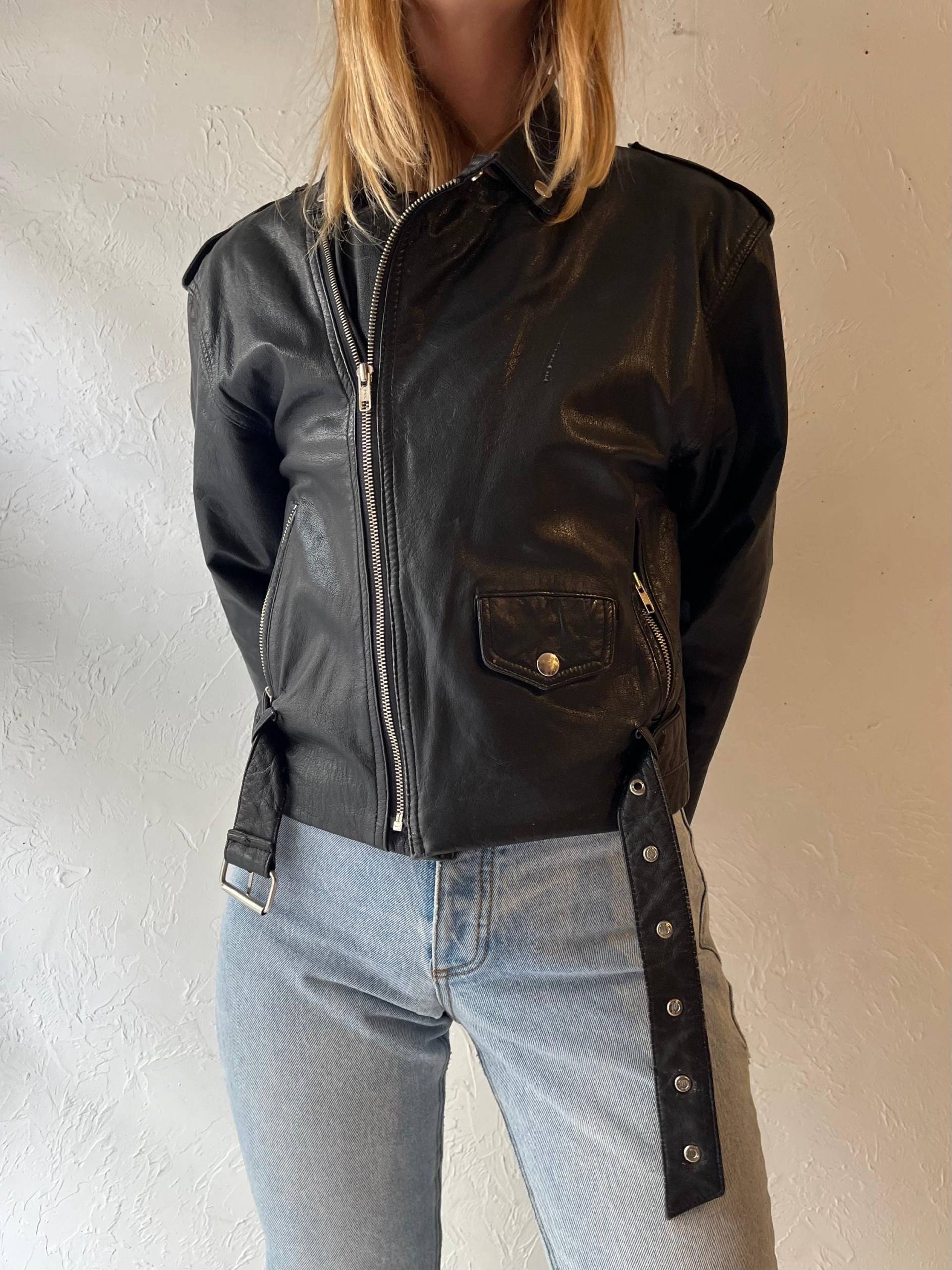 90Er Jahre Schwarze Lederjacke Moto Style/Xs Small von TheWildHoneyShop