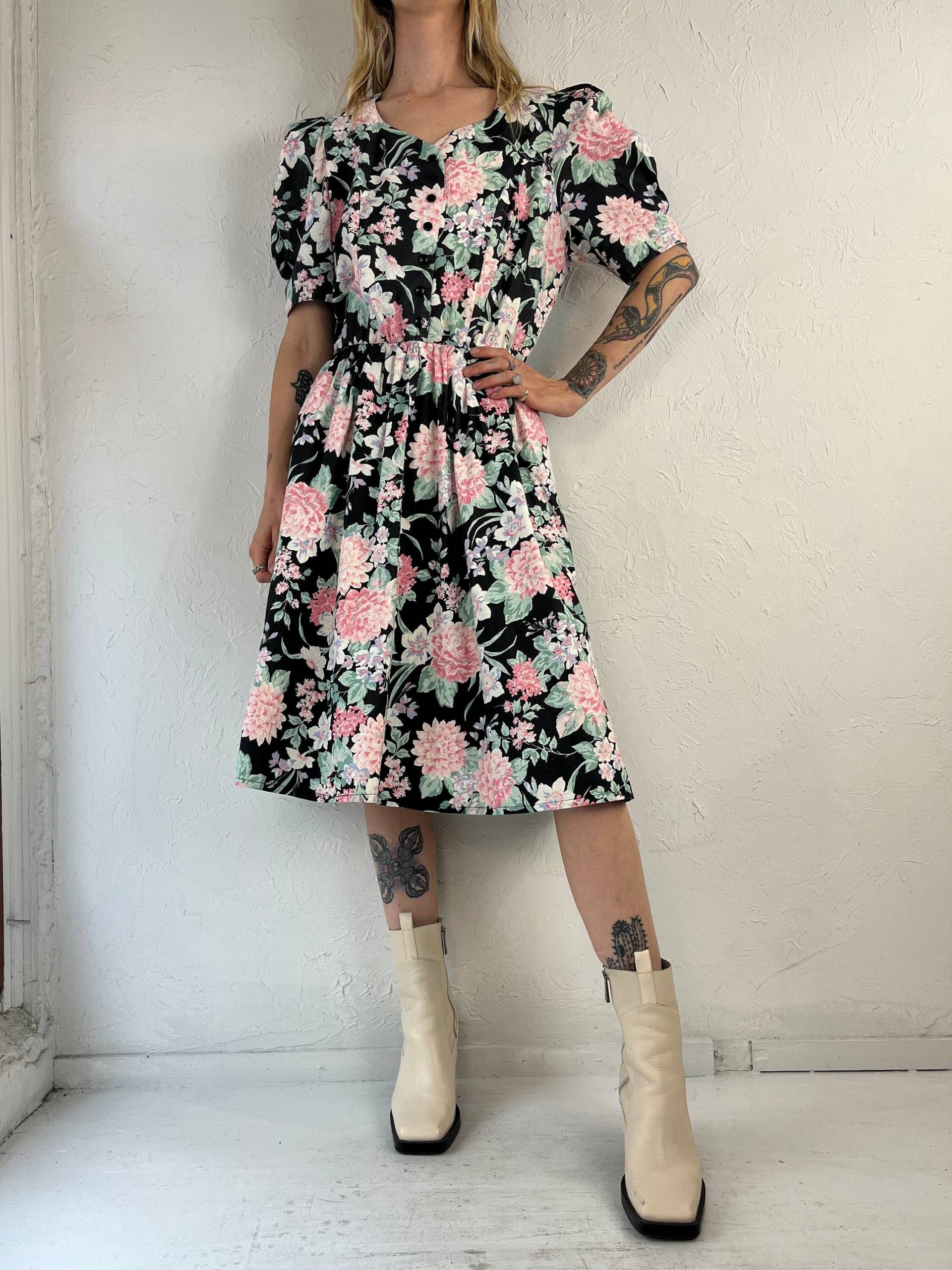 90Er "Sl Fashions' Schwarzes Baumwoll Kleid Mit Blumenmuster/14 von TheWildHoneyShop