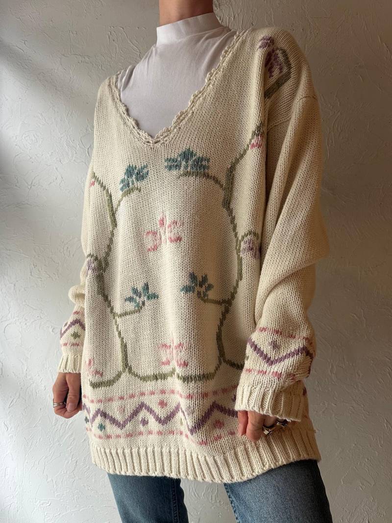 90Er "Woodland' Weiss Blümchen Strick Pullover von TheWildHoneyShop