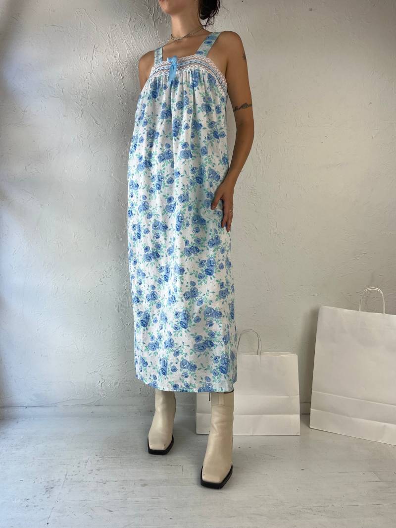 90S Blue Floral Print Cottage Kern Kleid/Medium von TheWildHoneyShop