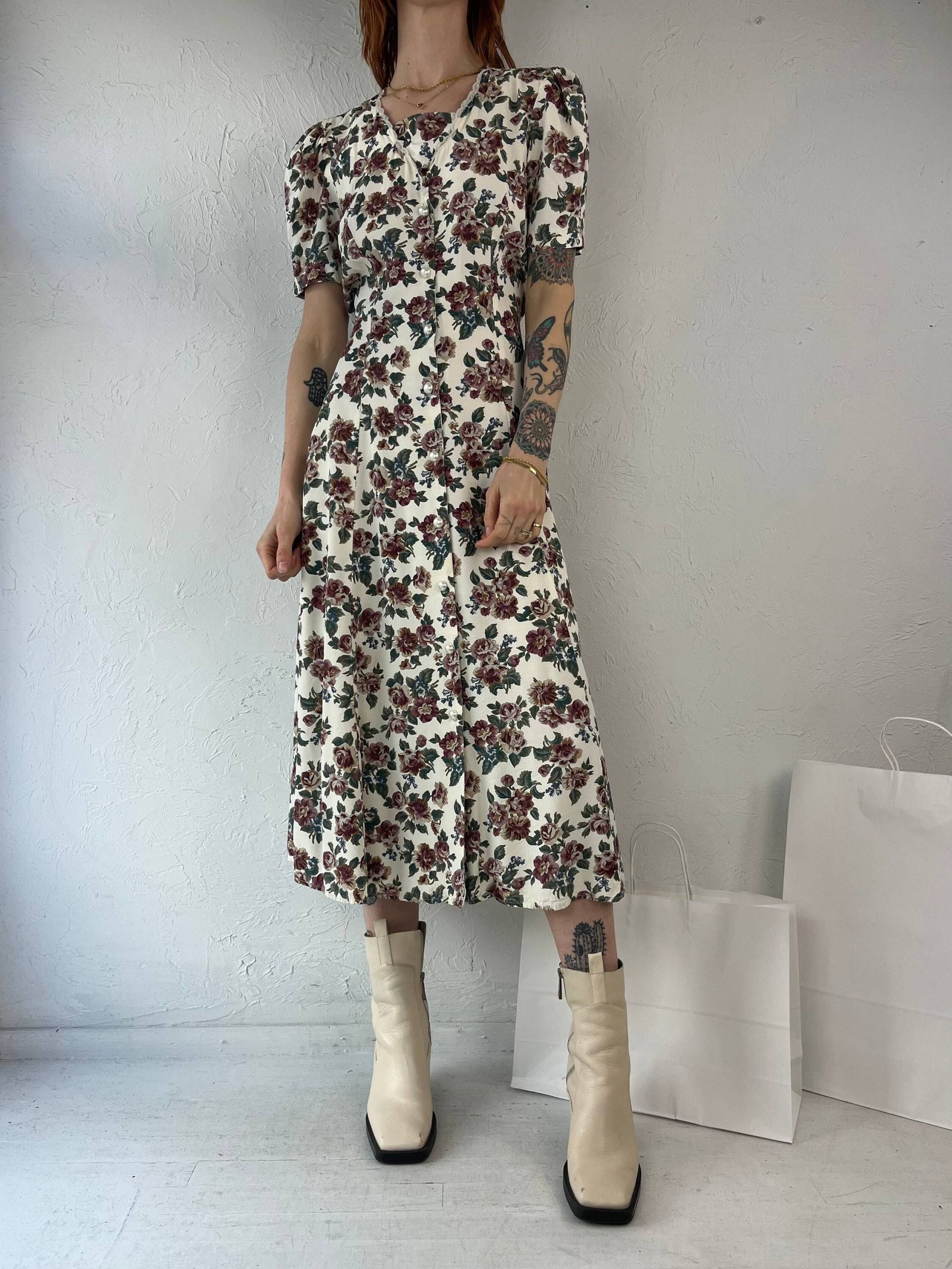 90S "En Focus' Creme Blumen Print Kleid/Medium von TheWildHoneyShop