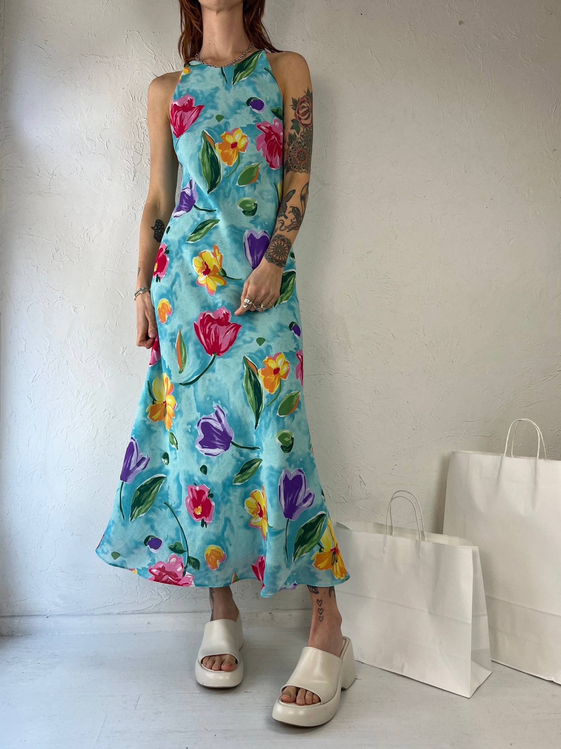 90S "Hampton Nites' Blaues Blumen Print Maxi Kleid/Small - Medium von TheWildHoneyShop