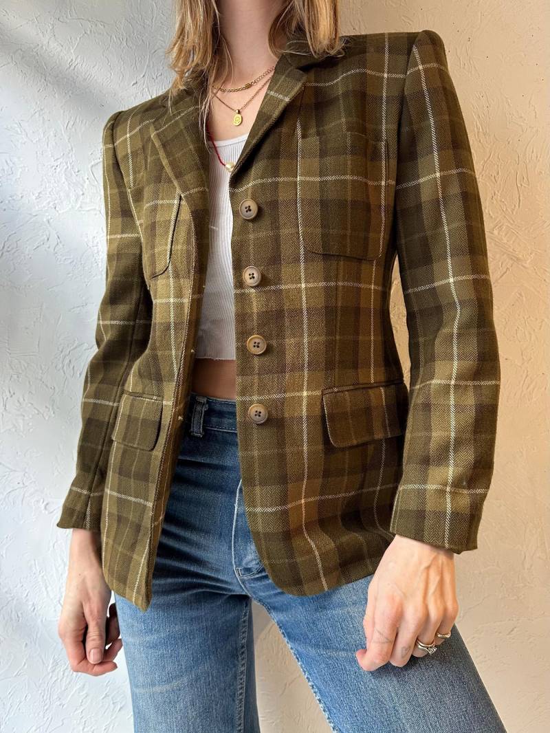 90S "Jones New York' Grün Karierter Woll-Blazer/Small von TheWildHoneyShop