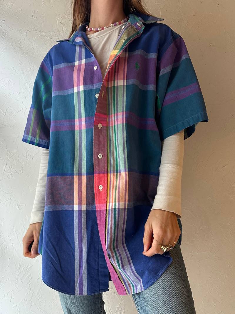 90S "Ralph Lauren' Blau Kariertes Baumwollhemd Ohne Knöpfe/Large von TheWildHoneyShop