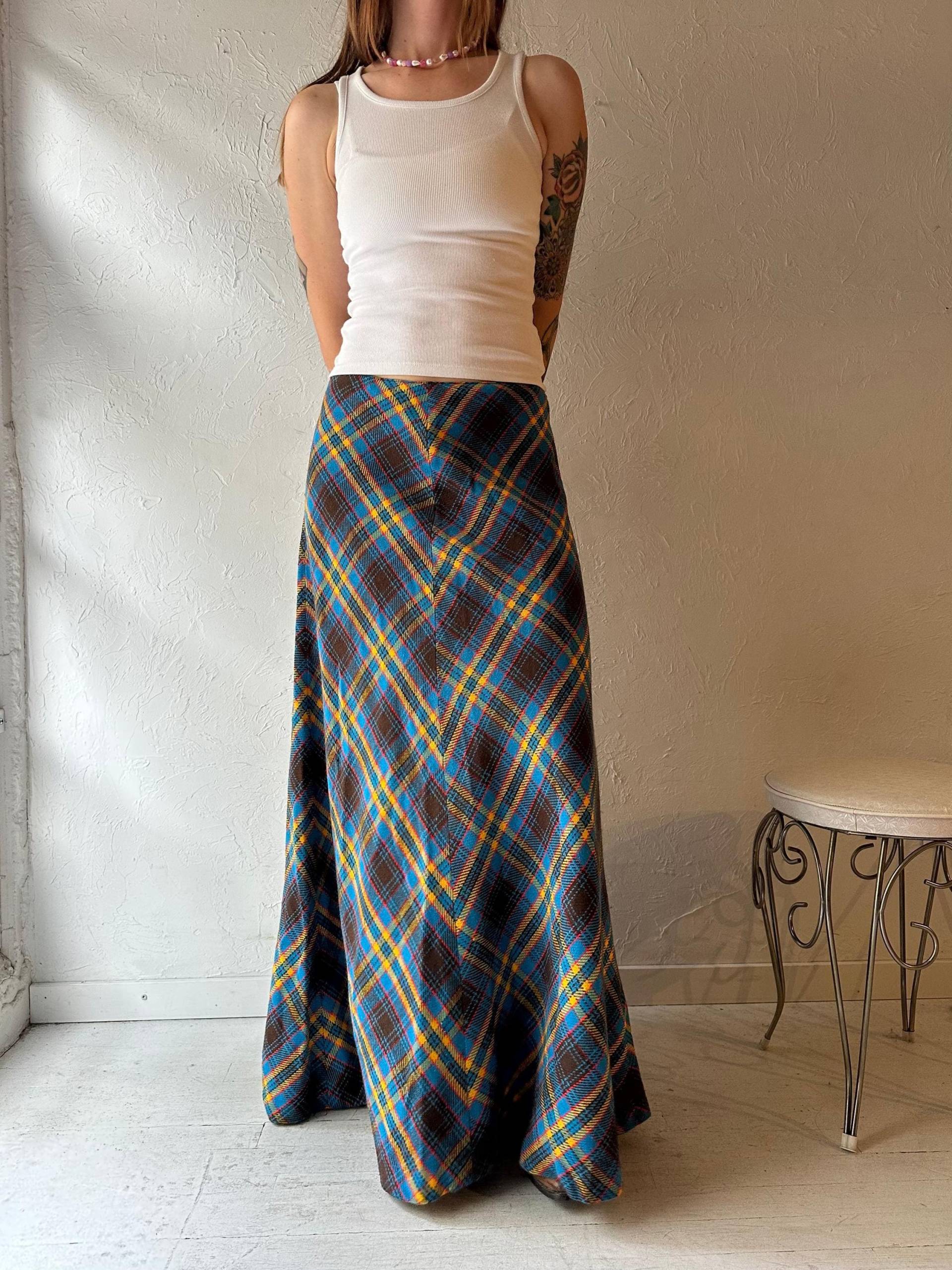 Vintage Handmade Blau Karierter Strick Maxi Rock/Medium von TheWildHoneyShop