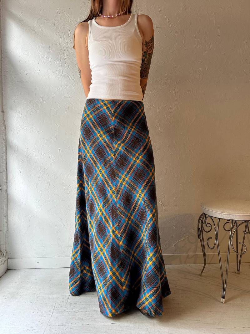 Vintage Handmade Blau Karierter Strick Maxi Rock/Medium von TheWildHoneyShop