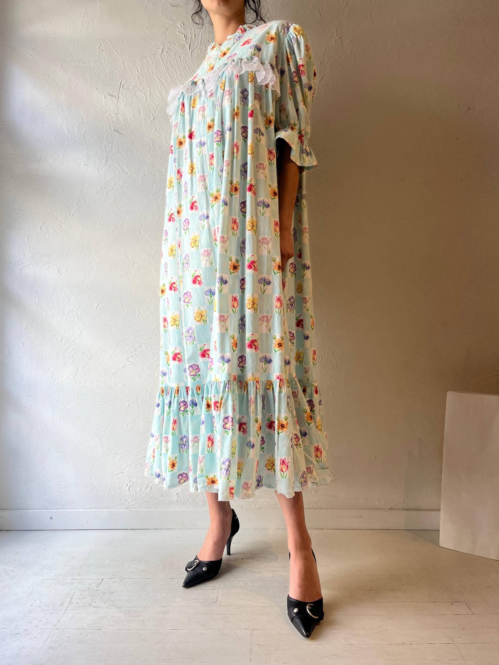 Vintage Hellblau Checker Floral Maxi Kleid/Medium von TheWildHoneyShop
