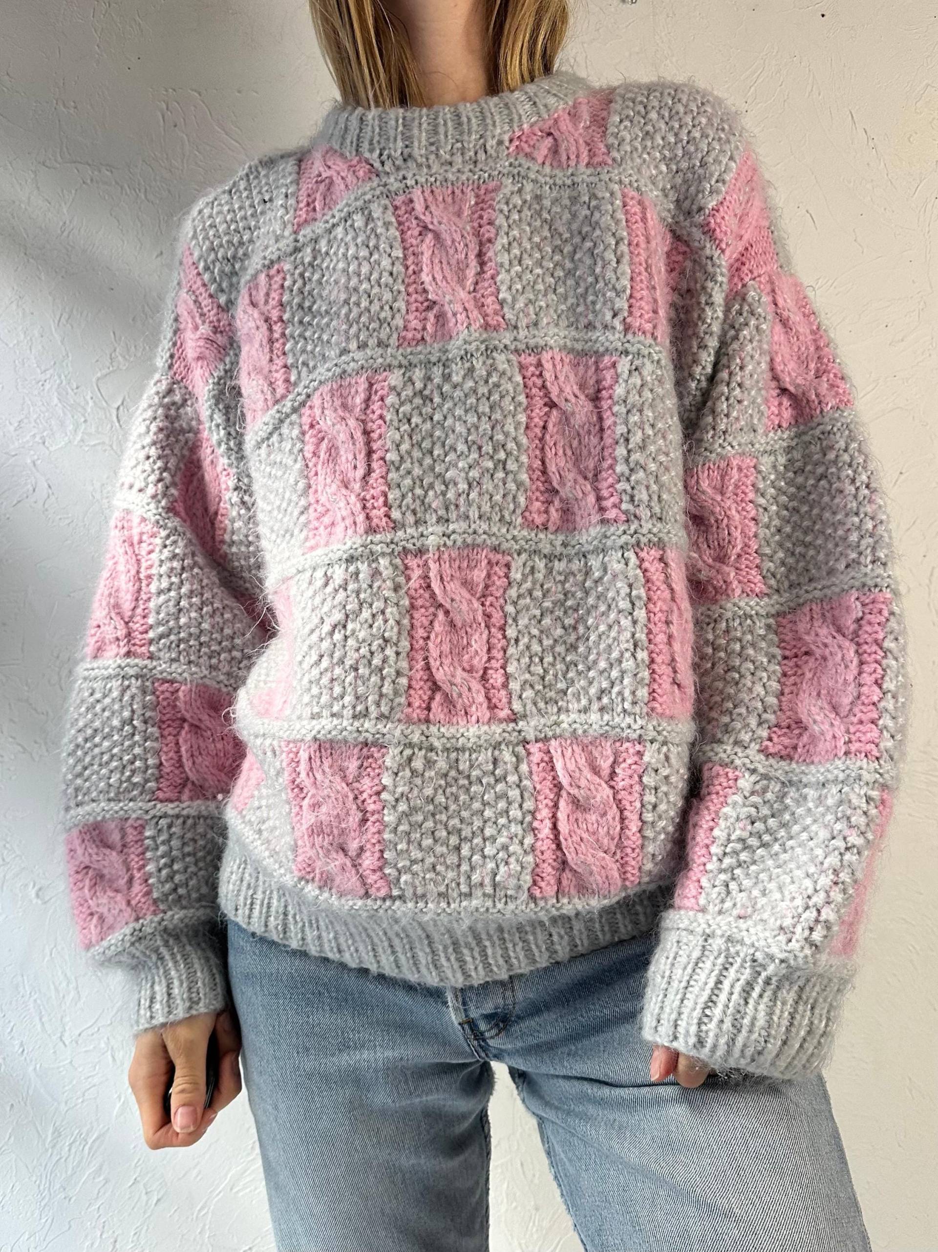Vintage Rosa Und Grau Karo Zopfmuster Pullover/Medium von TheWildHoneyShop